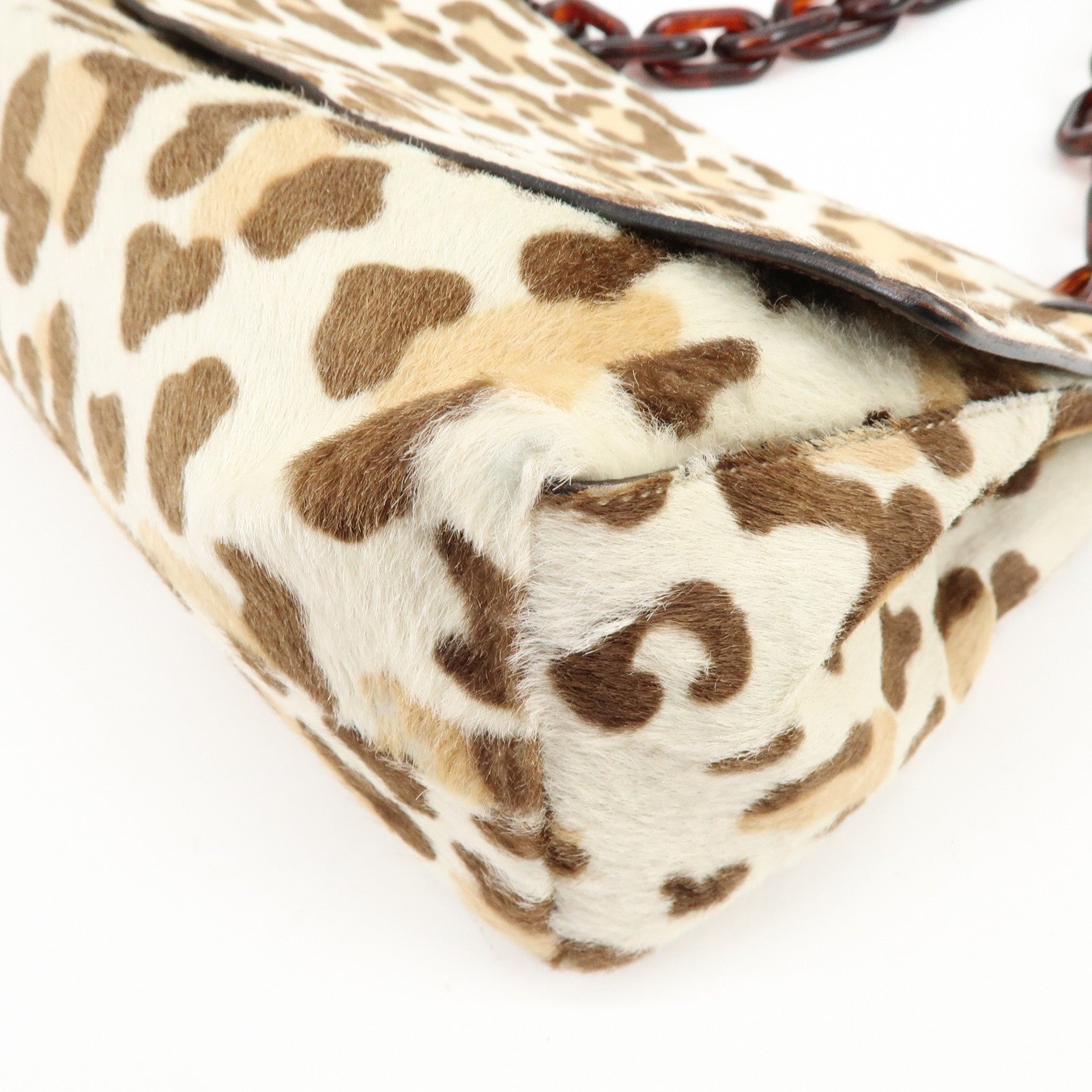 PRADA Triangle Logo Haircalf Plastic Chain Shoulder Bag Beige Brown