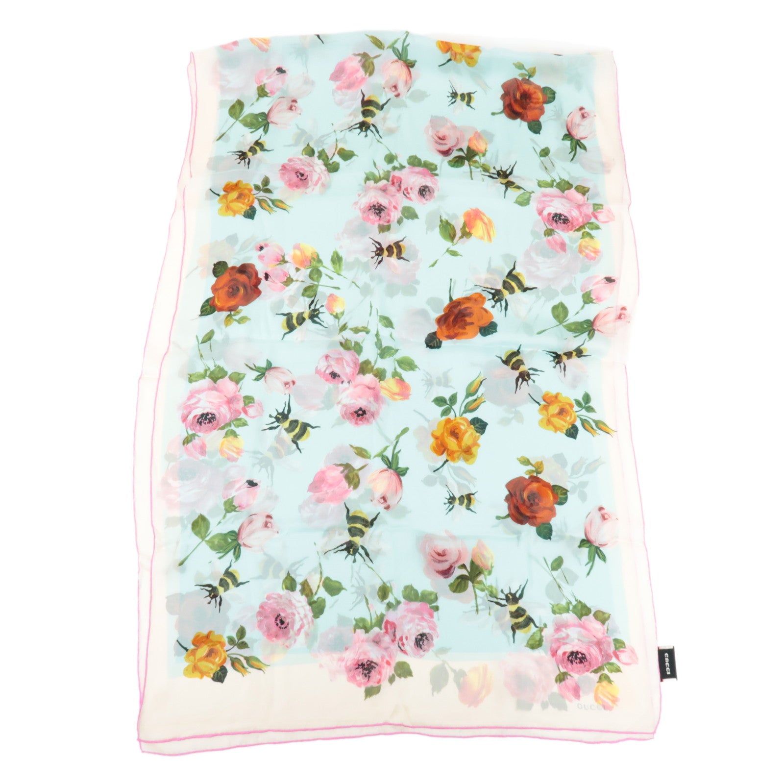 GUCCI Silk 100% 64 ×192 Floral Honey Bee Print Scarf Blue