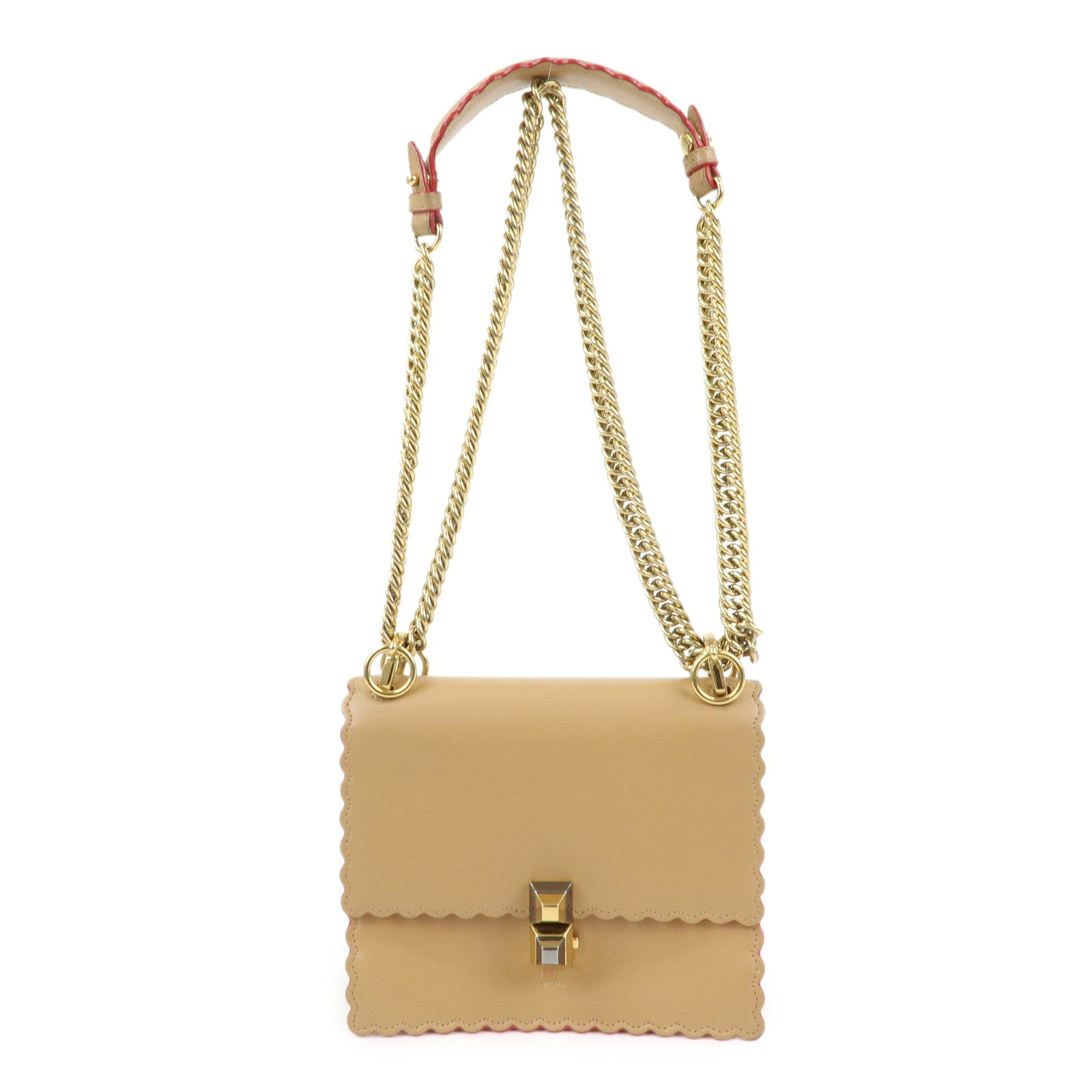 FENDI Mini Kan I Leather Chain Shoulder Crossbody Bag Beige 8M0381