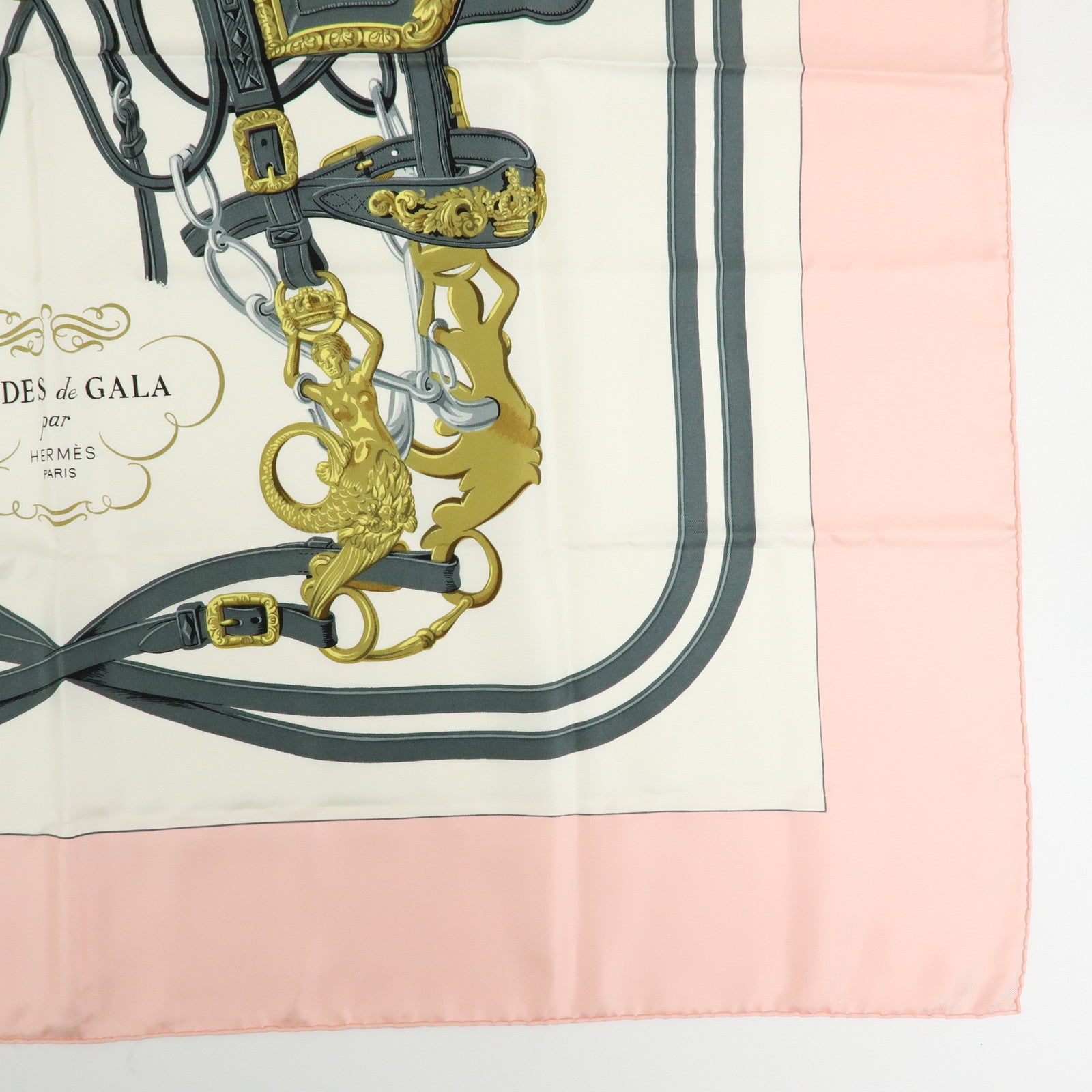 HERMES Carre 90 Silk 100% BRIDES DE GALA Scarf Light Pink White