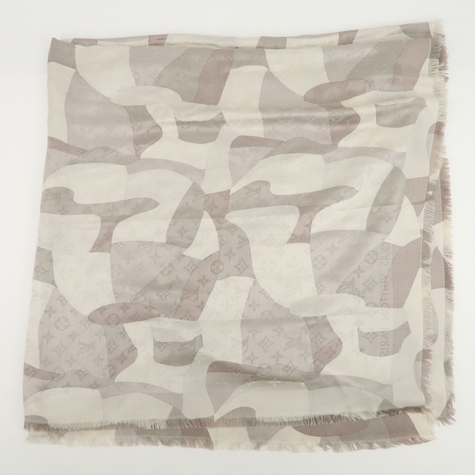 Louis Vuitton Monogram Silk Wool Shawl Scarf Camouflage Gray M75397