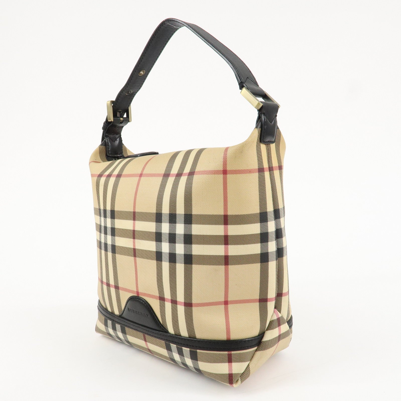 BURBERRY Nova Plaid Canvas Leather Shoulder Bag Hand Bag Beige Black Used