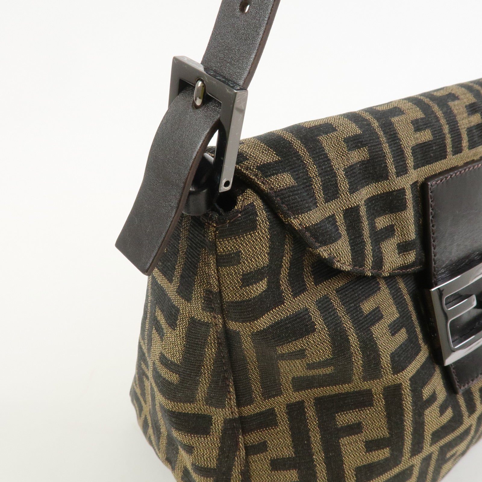 FENDI Mamma Baguette Zucca Leather Canvas Shoulder Bag Brown 8BR004