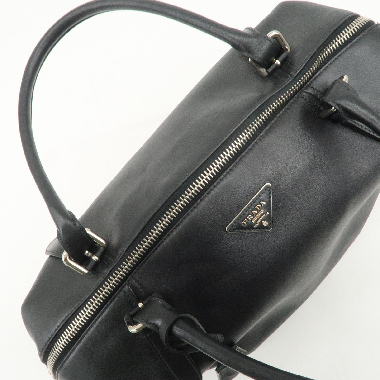 PRADA Triangle Logo Leather Boston Bag Shoulder Bag Black BR4998
