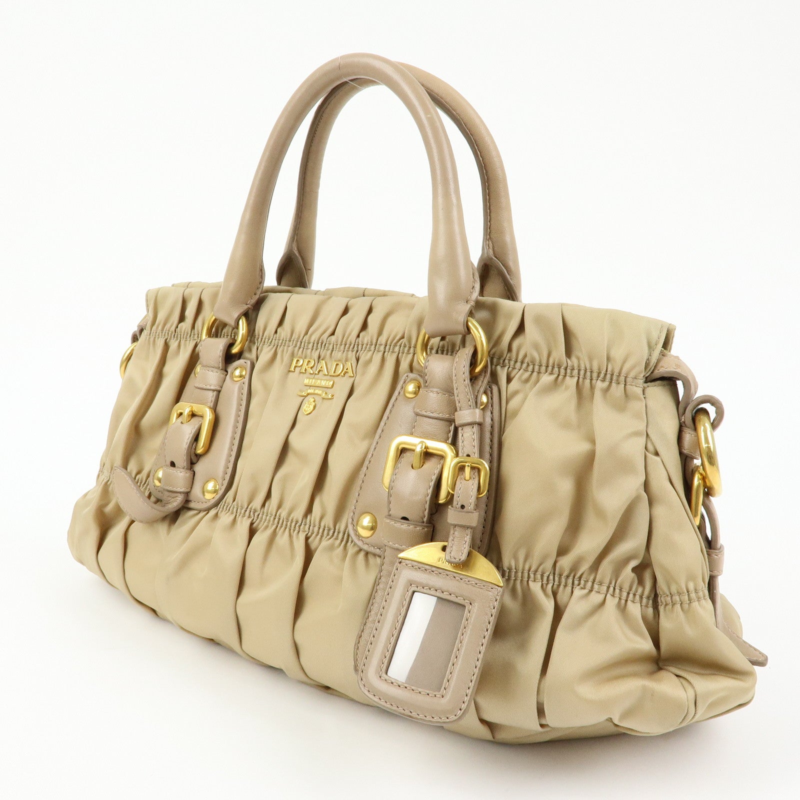 PRADA Gathered Nylon Leather 2Way Hand Shoulder Bag Beige BN1407