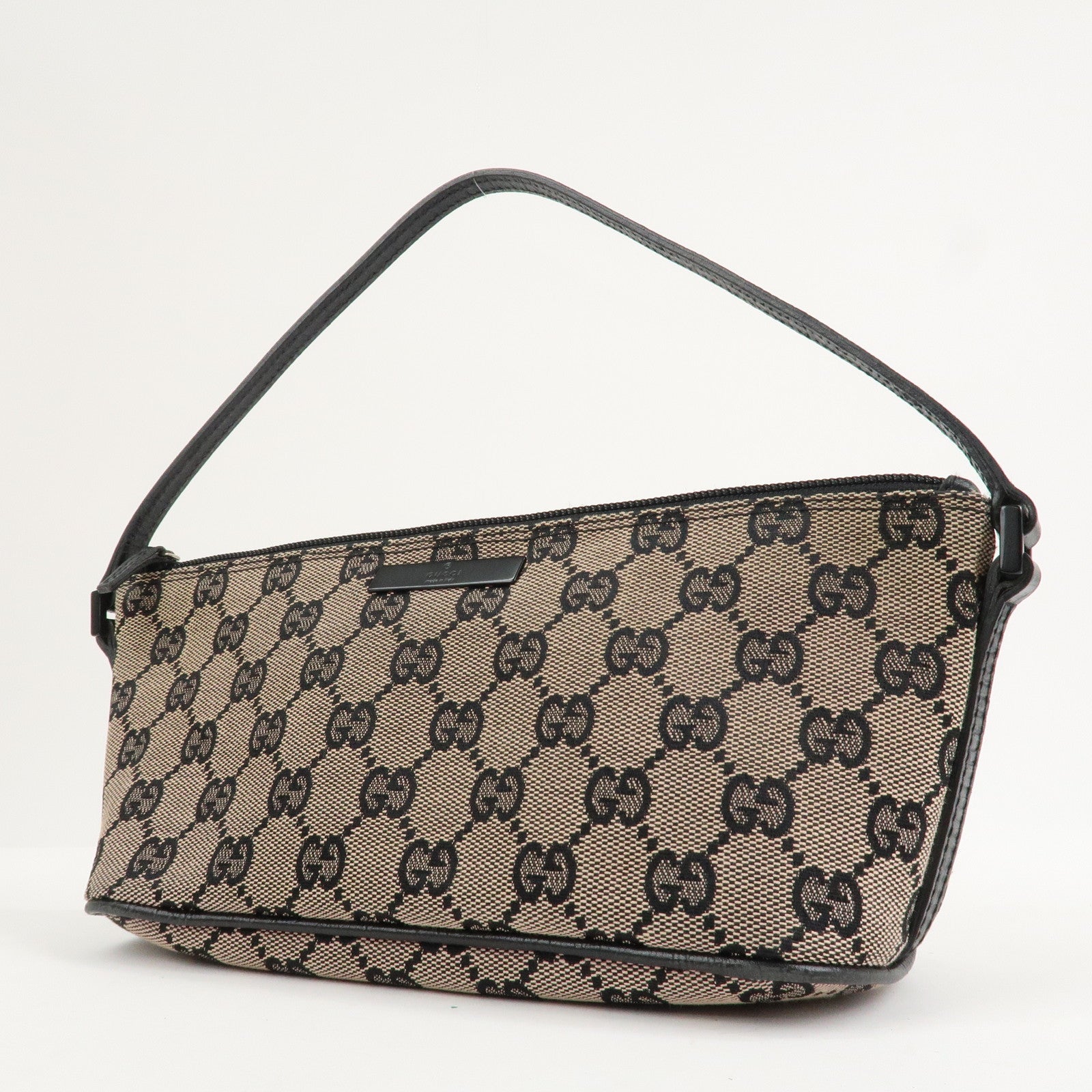 GUCCI Boat Bag GG Canvas Leather Hand Bag Beige Navy 07198