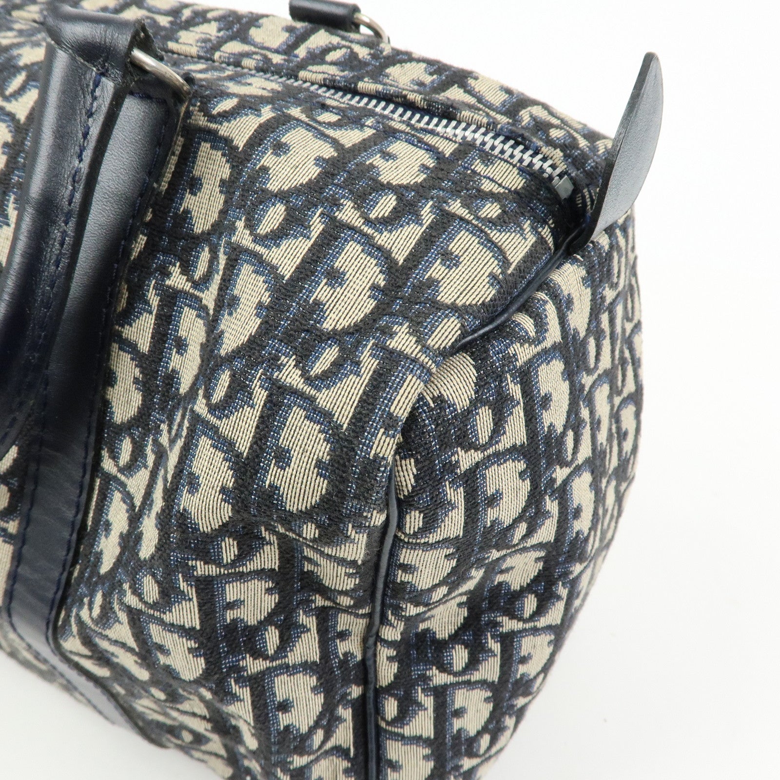 Christian Dior Trotter Jacquard Leather Boston Bag Hand Bag Navy