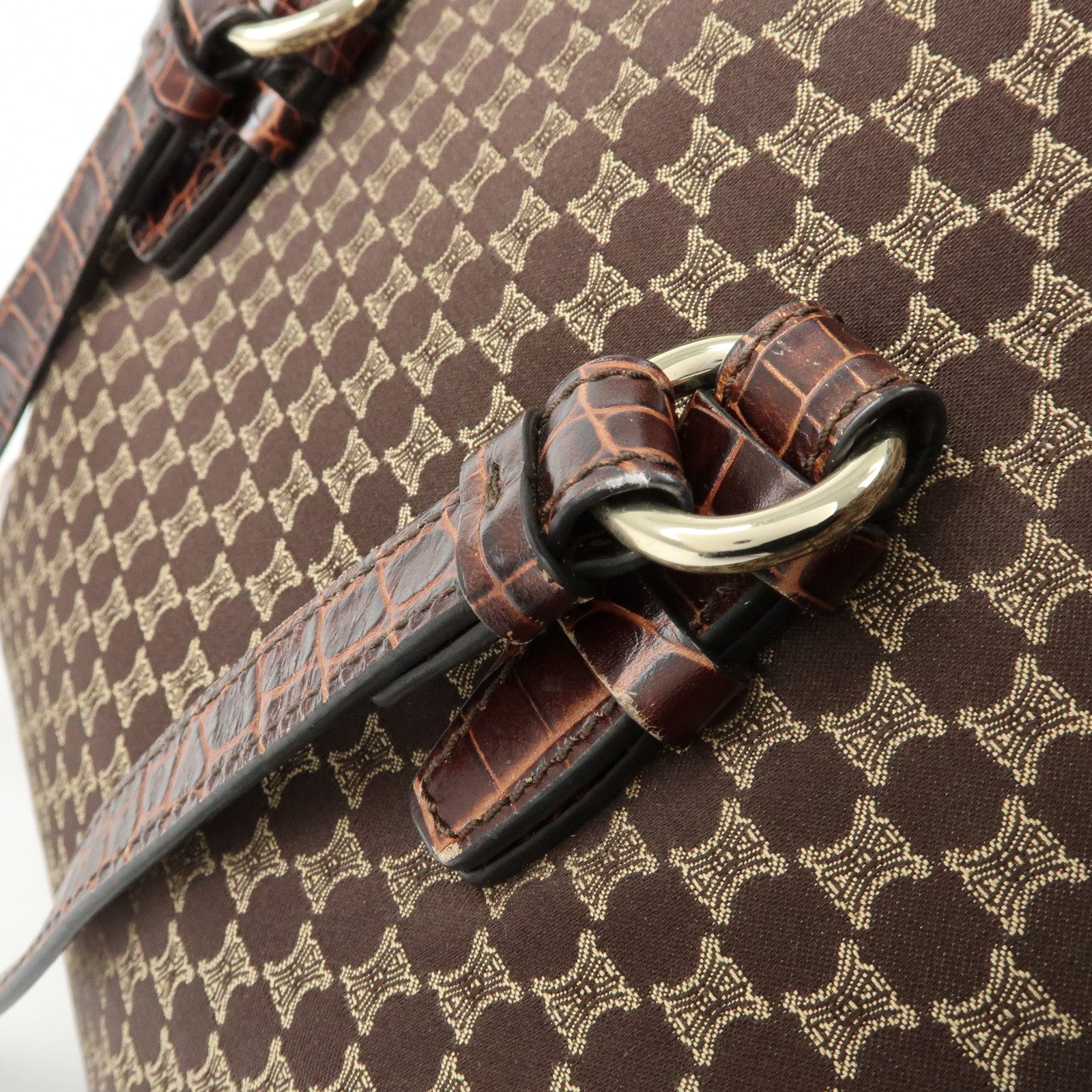 CELINE Macadam Embsossed Leather Canvas Tote Bag Hand Bag Brown