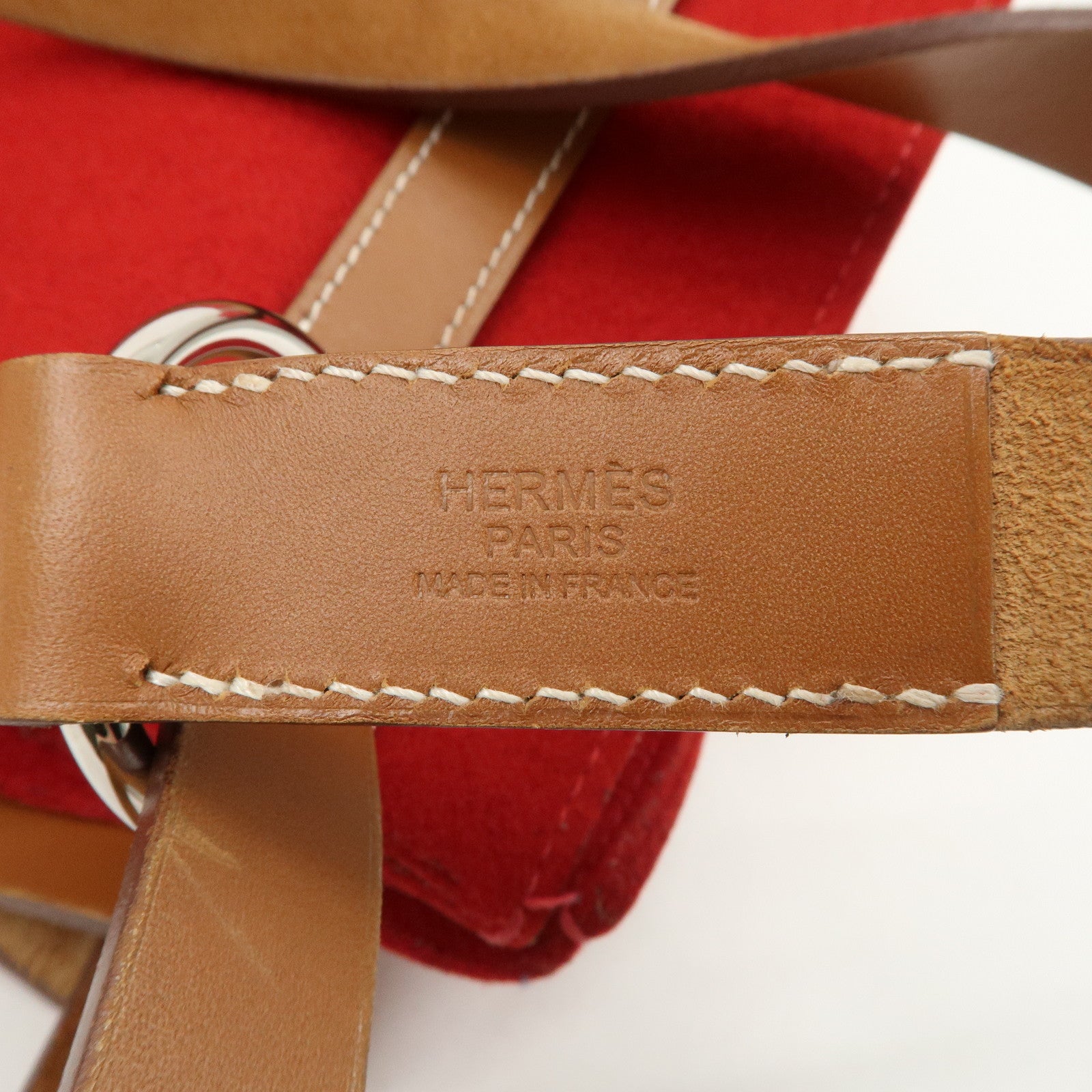 HERMES Leather Felt Cabalicol P Stamped Shoulder Bag Beige Red Used