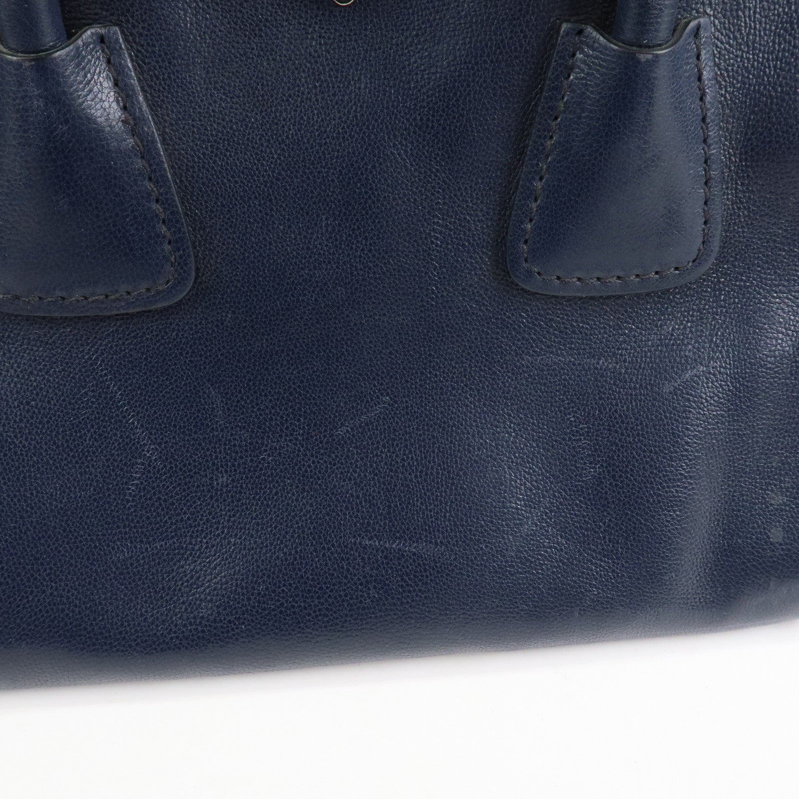 PRADA Triangle Logo Leather 2Way Bag Tote Bag Hand Bag Navy B2625M