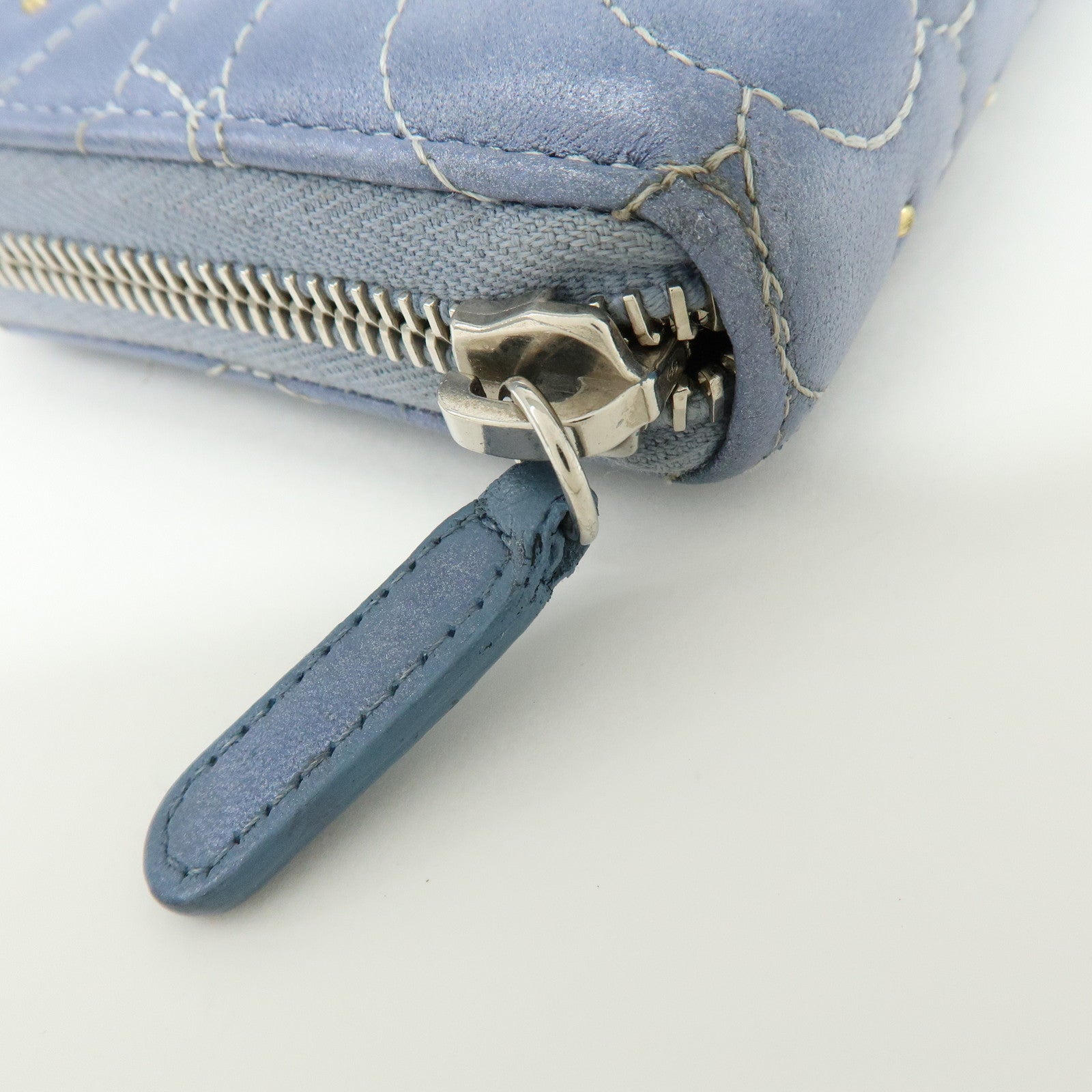 CHANEL Camellia Lamb Skin Round Zippy Wallet Light Blue A82281