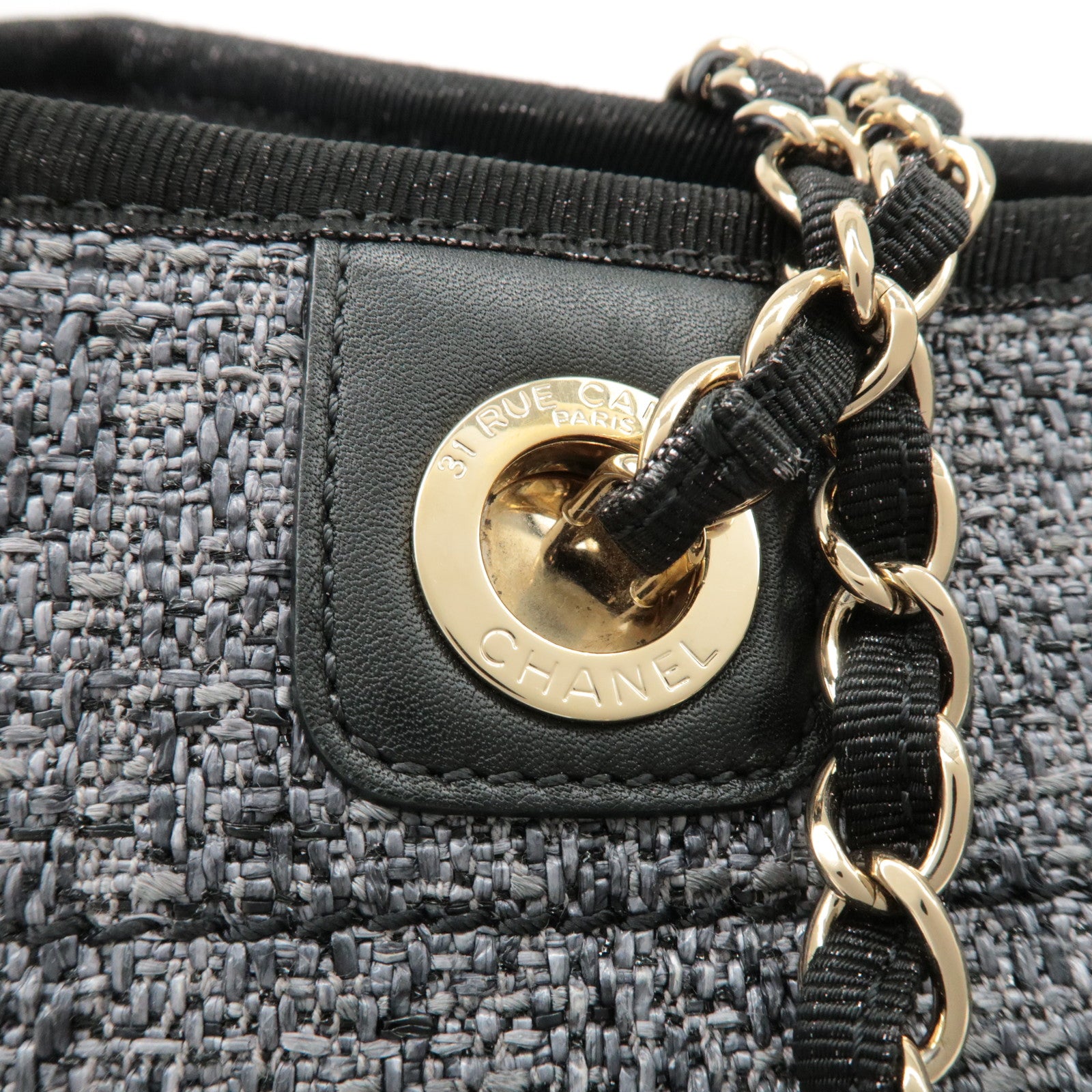 CHANEL Deauville Raffia Leather Chain Tote Bag MM Navy A66941 Used
