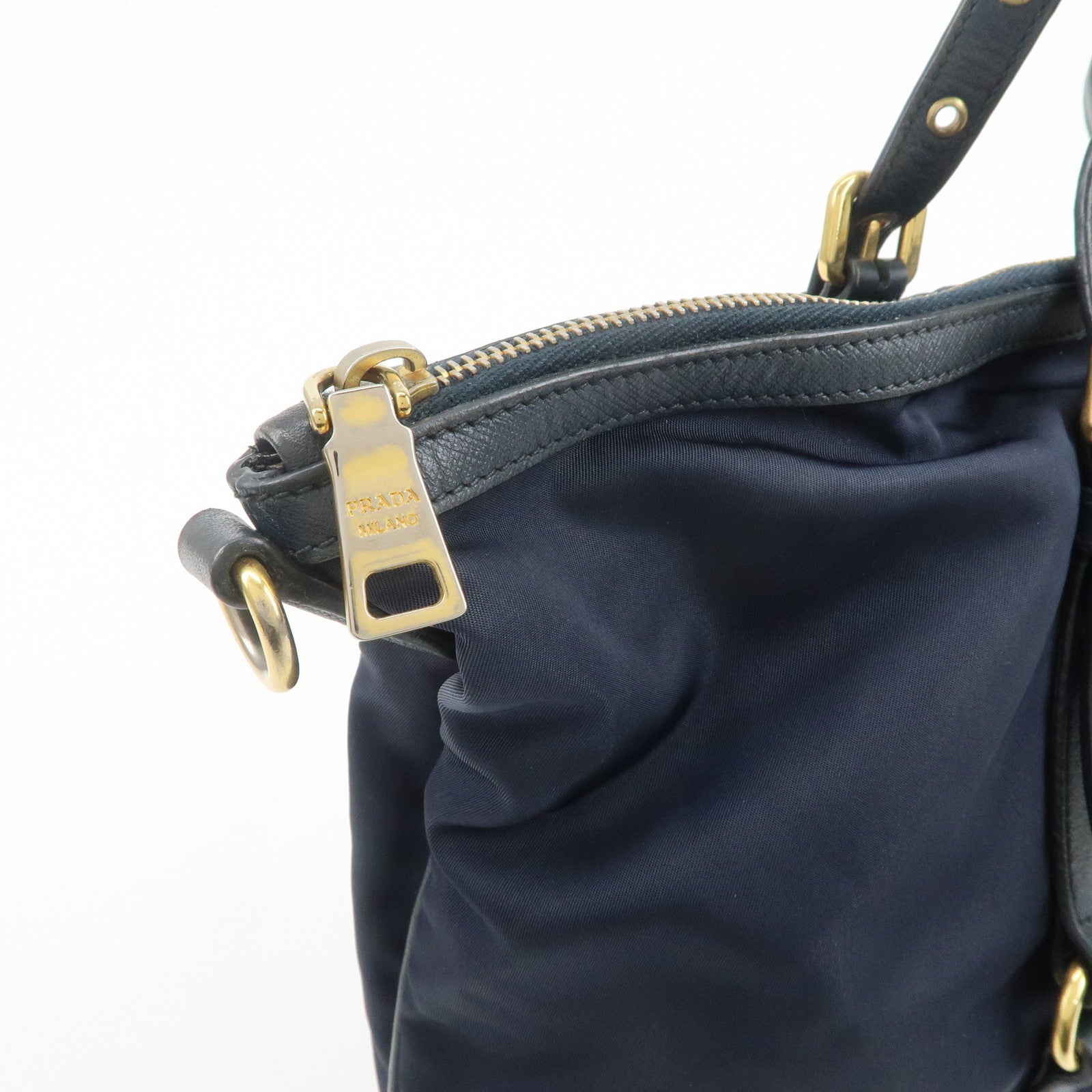 PRADA Nylon Saffiano Leather Shoulder Bag Tote Bag Navy