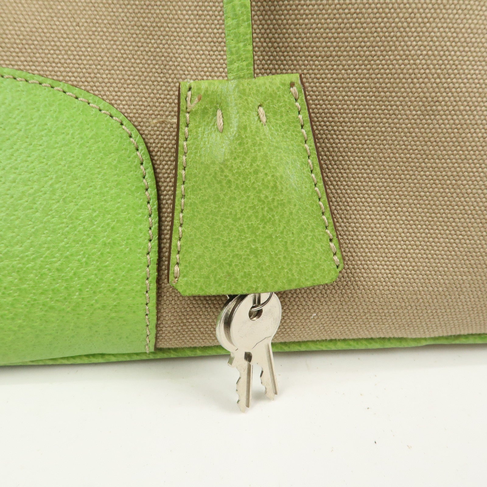 PRADA Canvas Leather Tote Bag Hand Bag Beige Light Green BN0082
