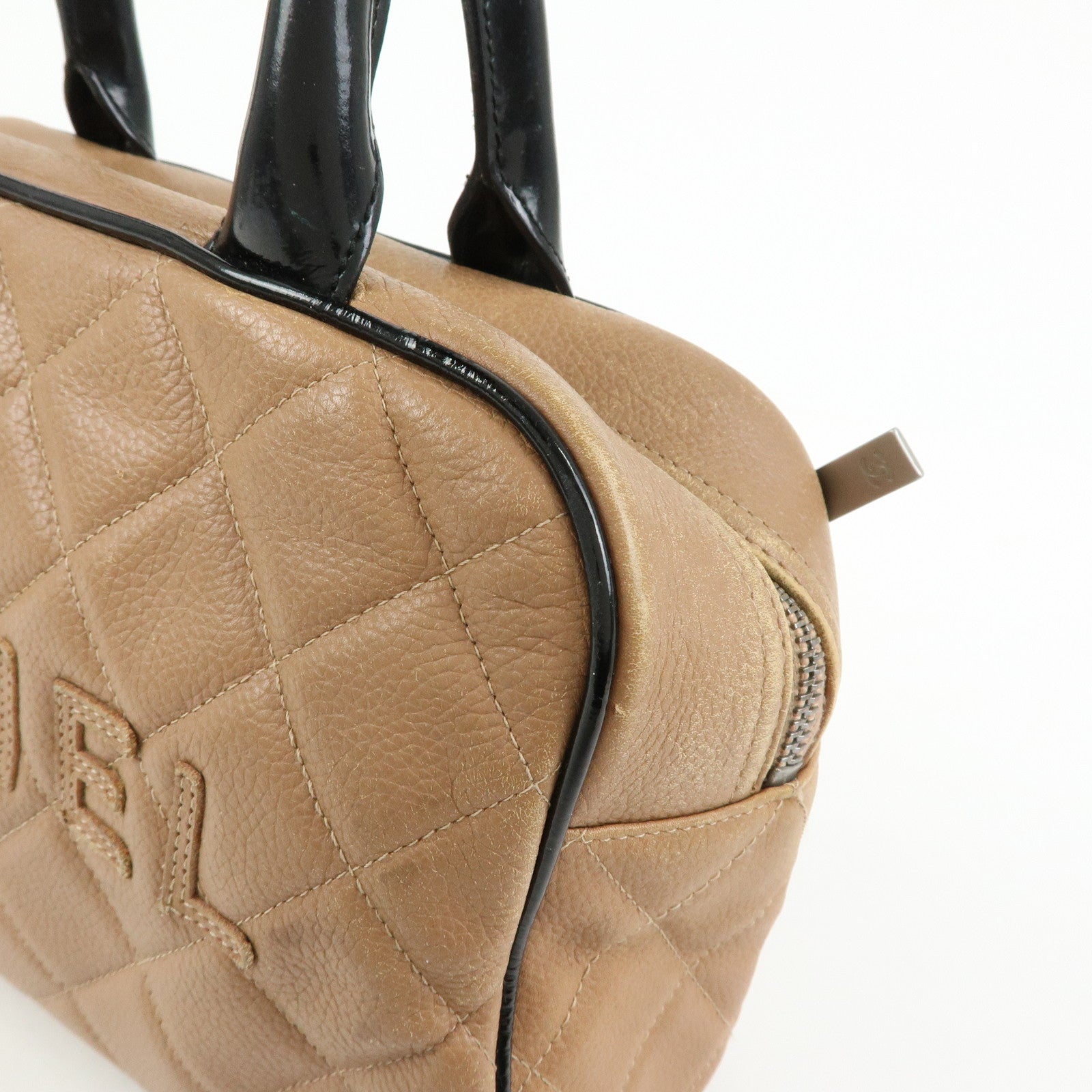 CHANEL Caviarskin Patent Leather Mini Boston Hand Bag Brown Black
