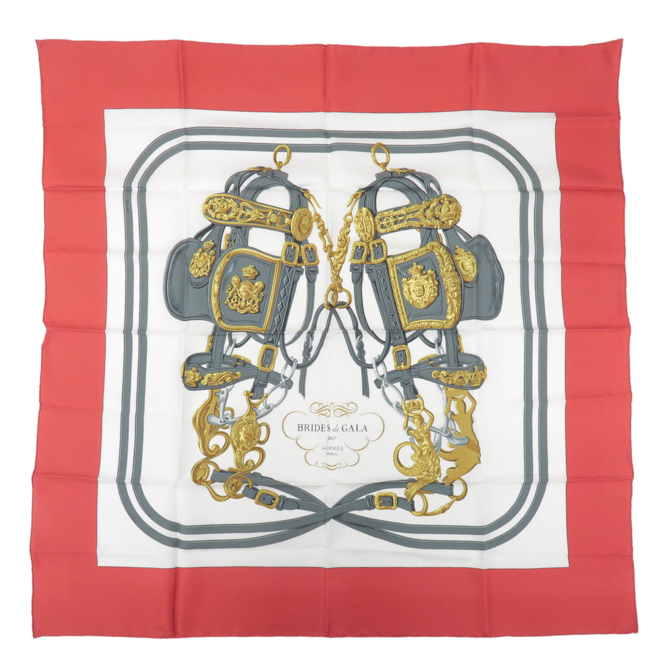 HERMES Carre 90 Silk 100% Scarf BRIDES DE GALA Gray Gold Red