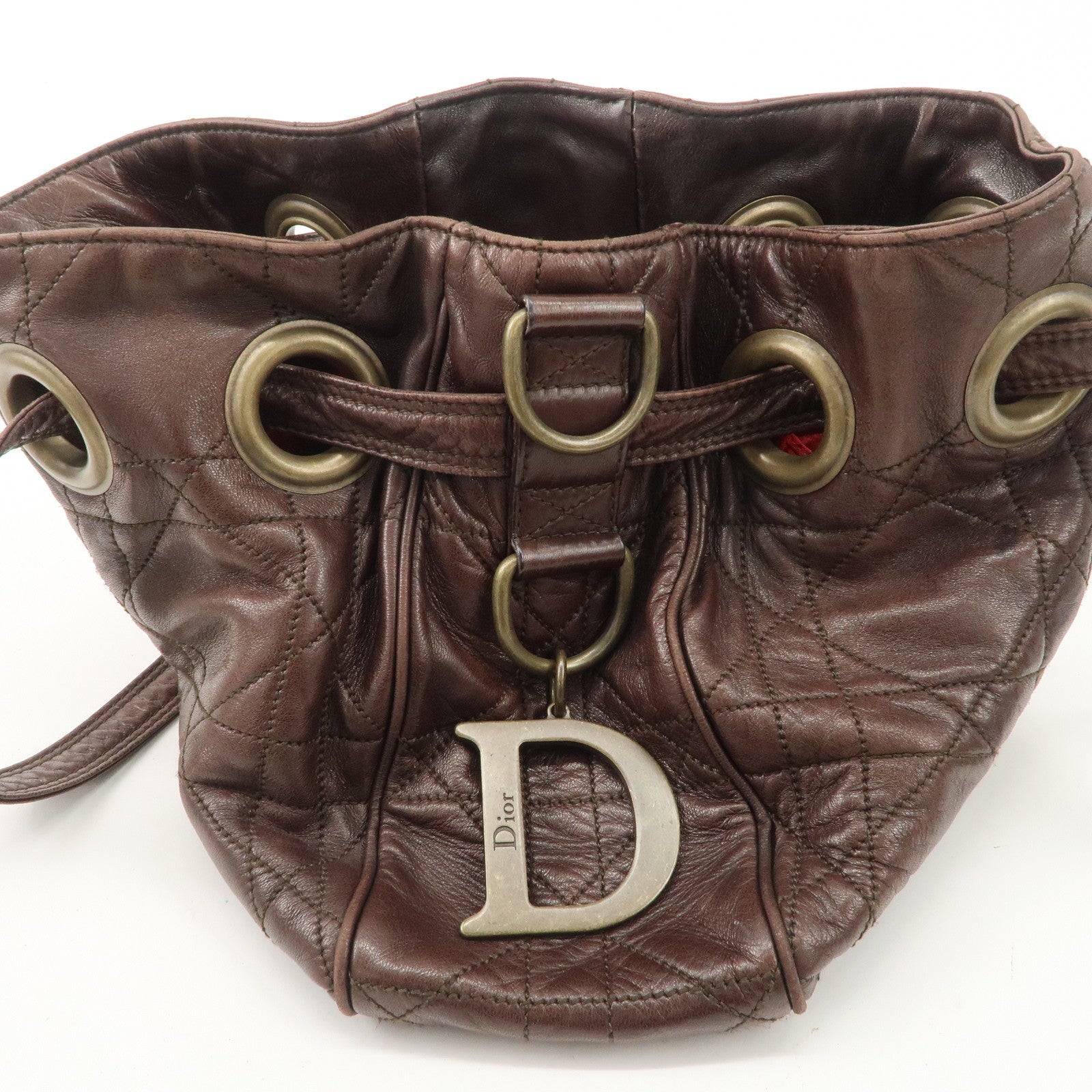 Christian Dior Canage Leather Shoulder Bag Dark Brown Gold Hardware Used
