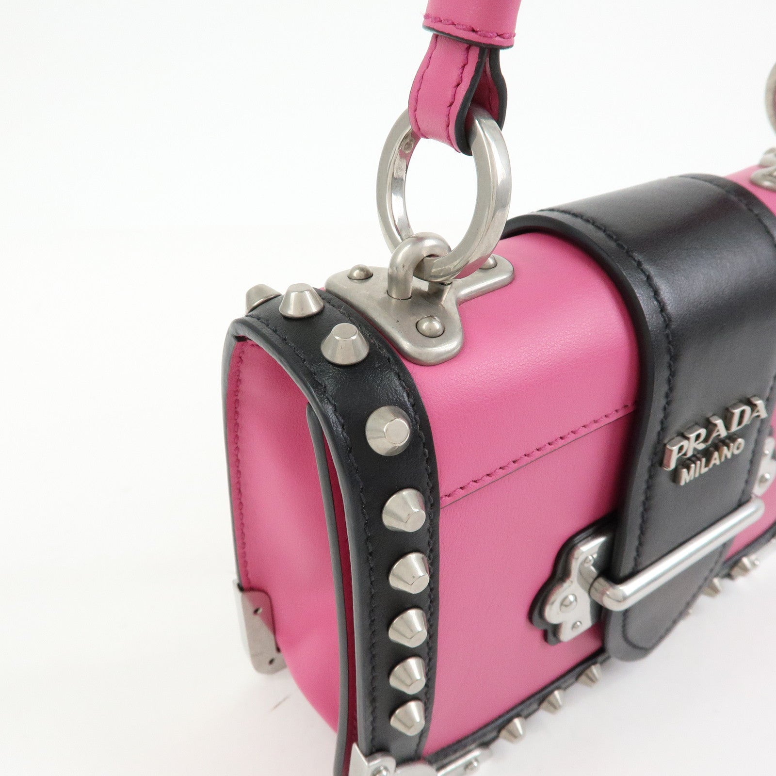 PRADA Cahier Calf Leather Studs Shoulder Bag Pink Black 1BH018