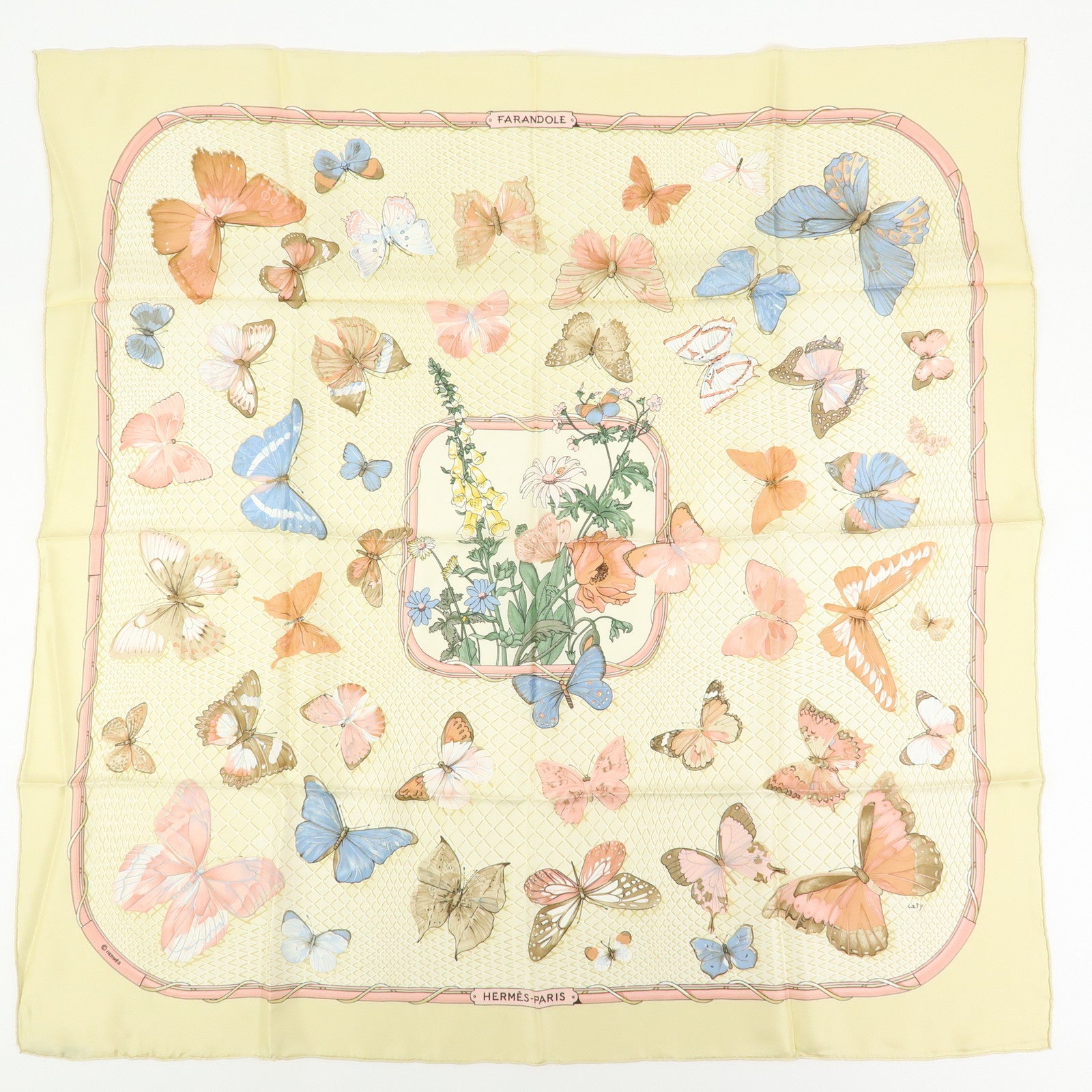 HERMES Carre 90 Set of 2 Silk 100% Scarf Beige Pink Green Yellow