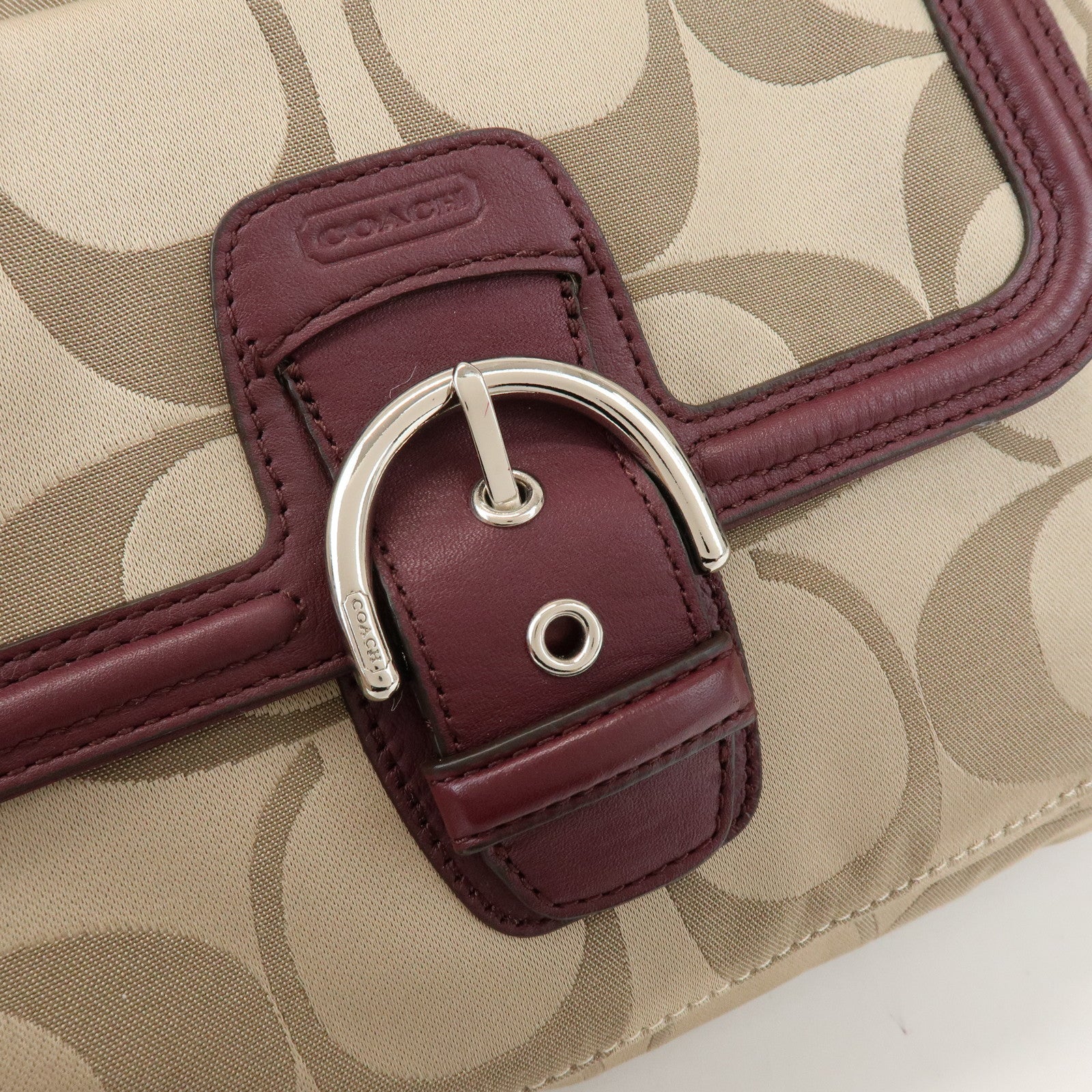COACH Signature Canvas Leather Shoulder Bag Hand Bag Beige Bordeaux