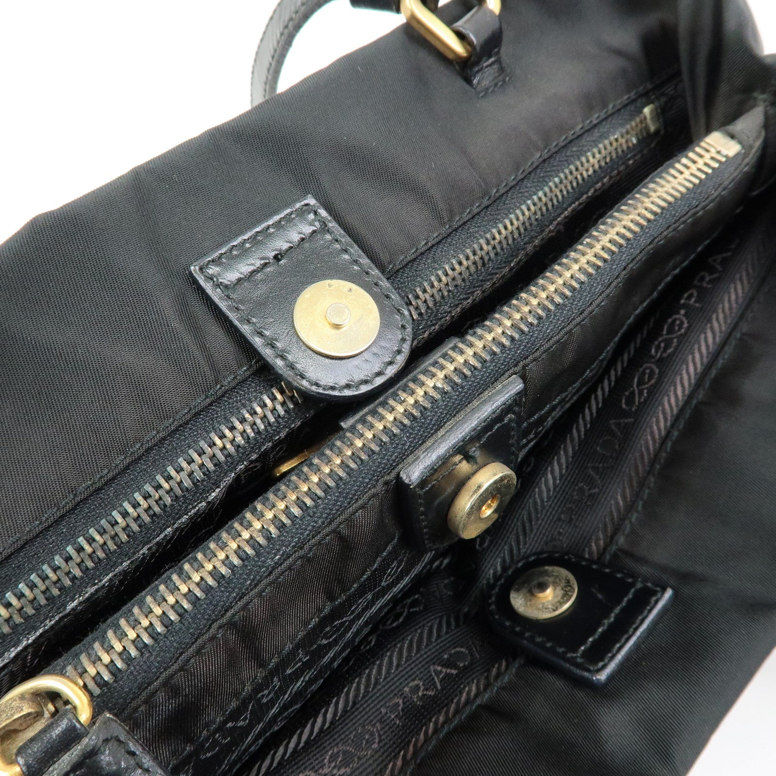 PRADA Triangle Logo Nylon Leather Tote Bag Hand Shoulder Bag Black