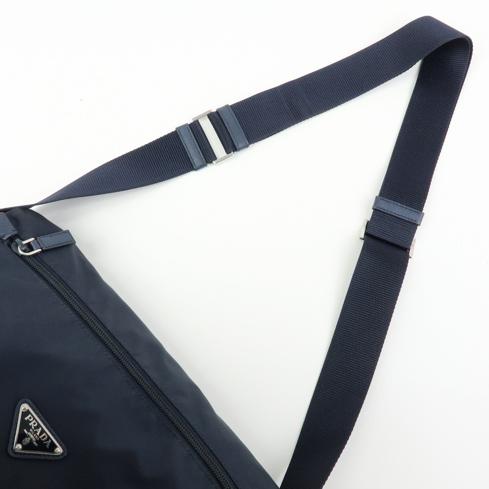 PRADA Triangle Logo Nylon Saffiano Leather Shoulder Bag Navy