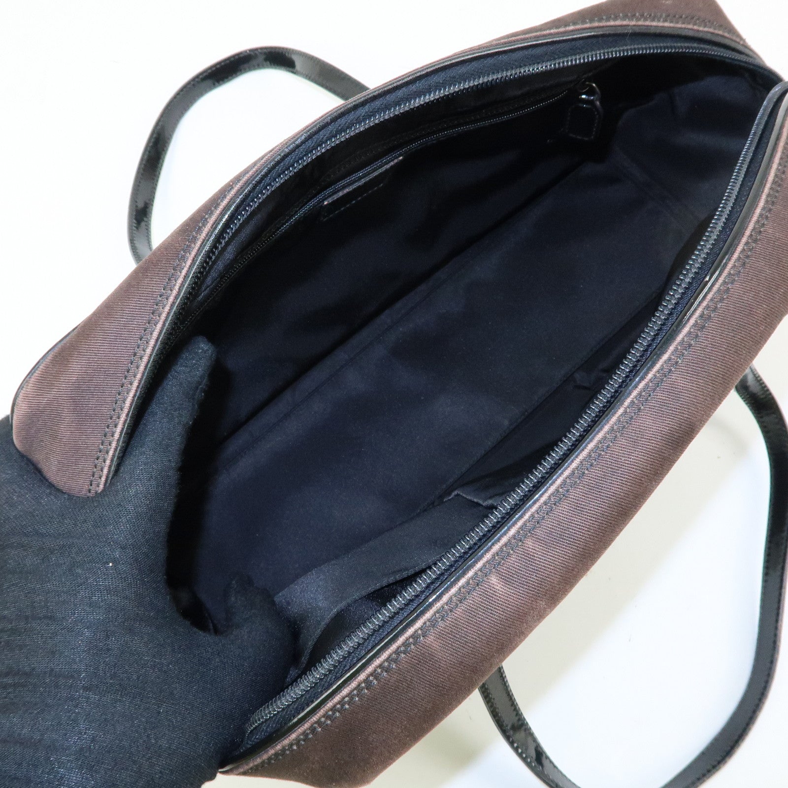 Christian Dior Canvas Patent Leather Boston Bag Hand Bag Brown