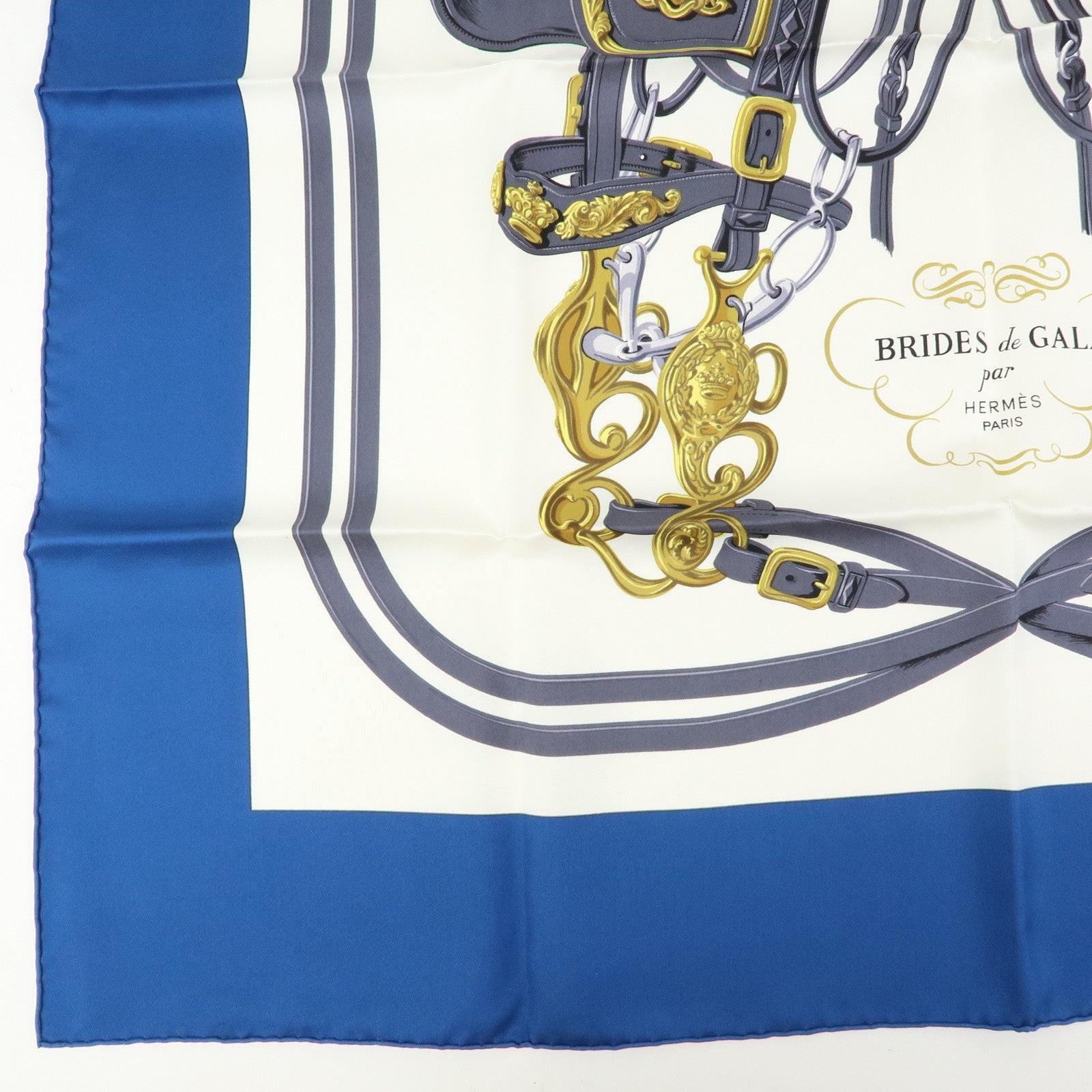 HERMES Carre 90 Silk 100% Scarf BRIDES DE GALA Blue White