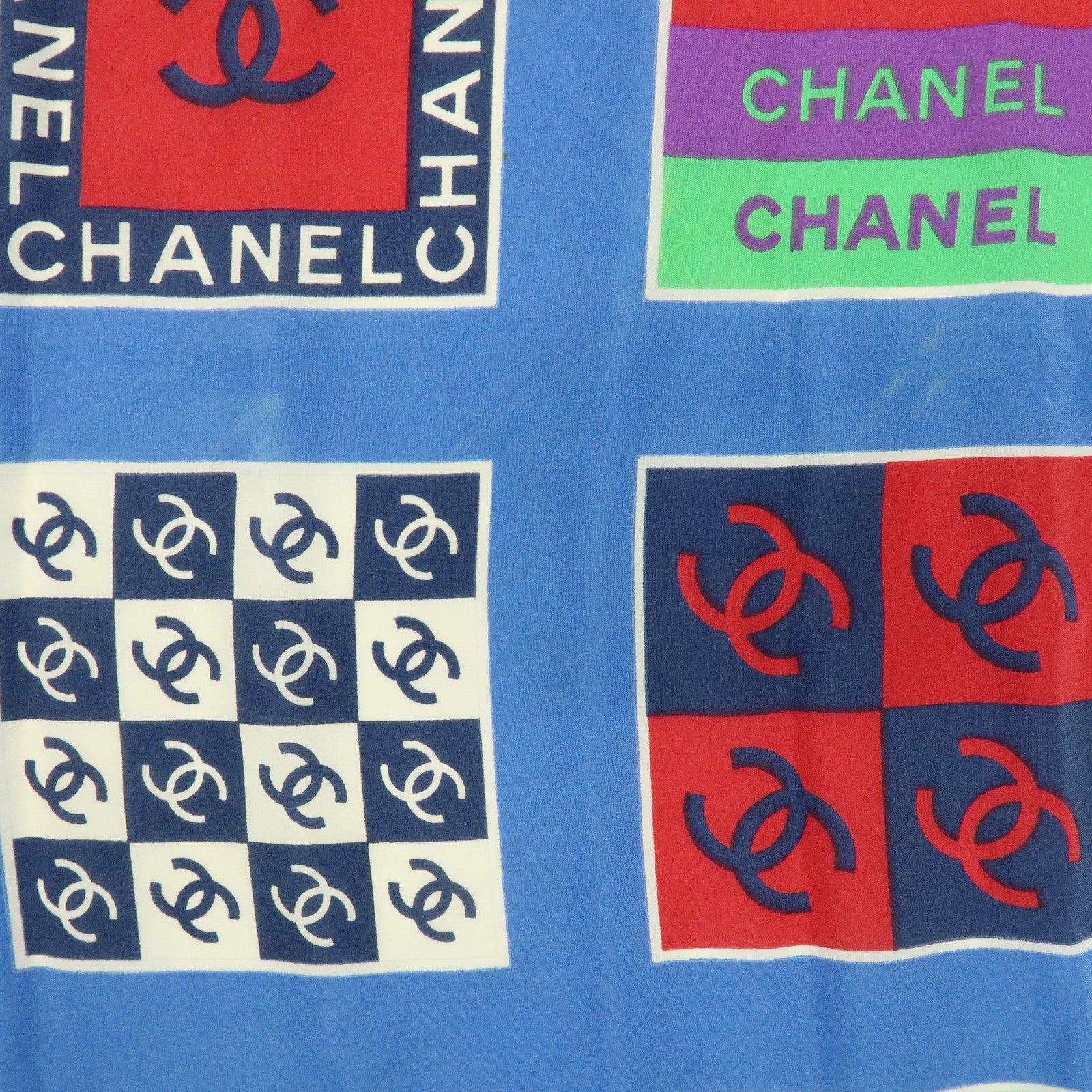 CHANEL COCO Mark Silk 100% Scarf Logo Print Blue Multicolor