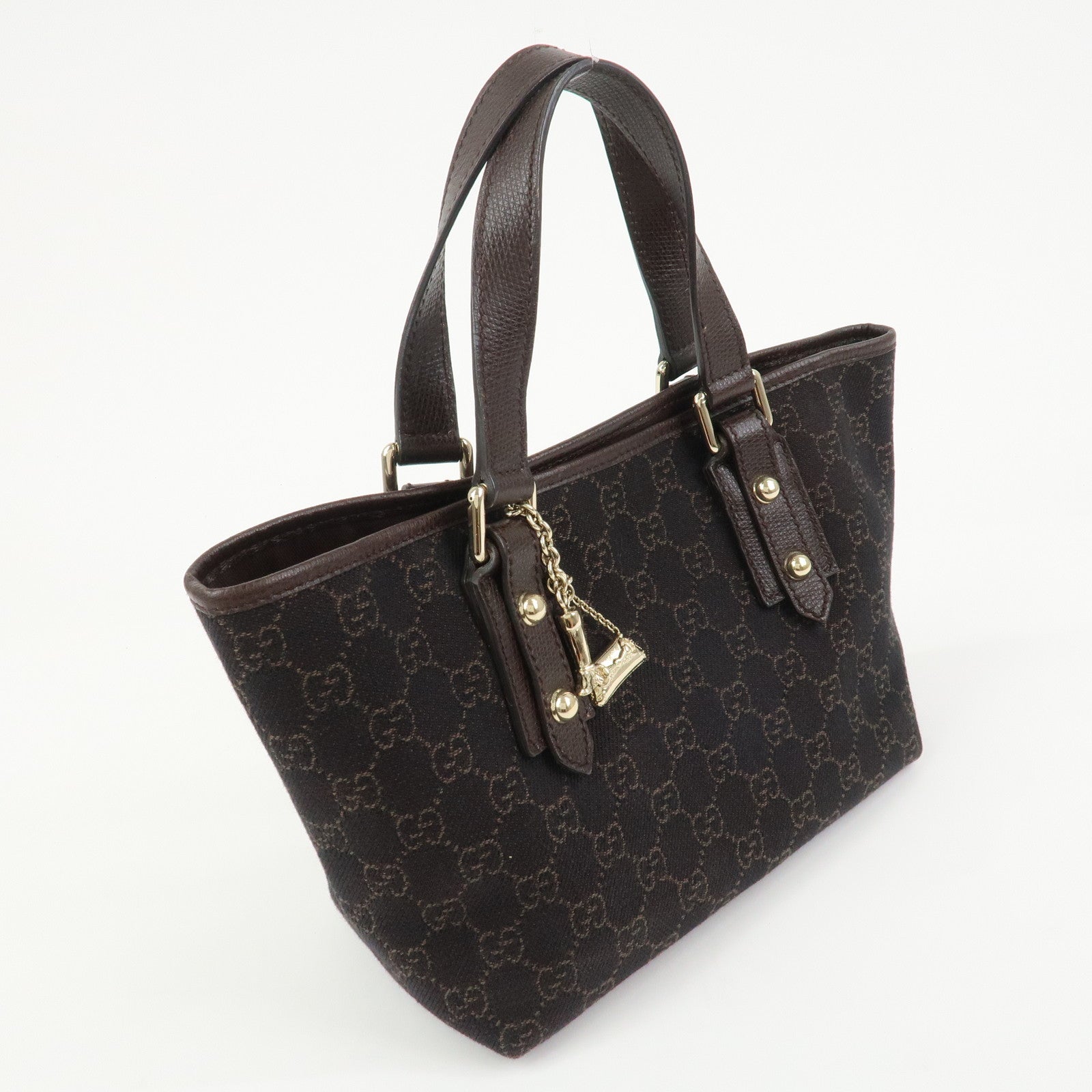 GUCCI Logo GG Canvas Leather Hand Bag Tote Bag Dark Brown 240017