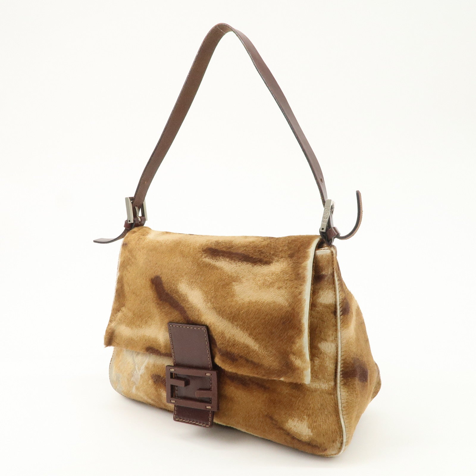 FENDI Mamma Baguette Unborn Carf Leather Shoulder Bag Brown 26323 Used