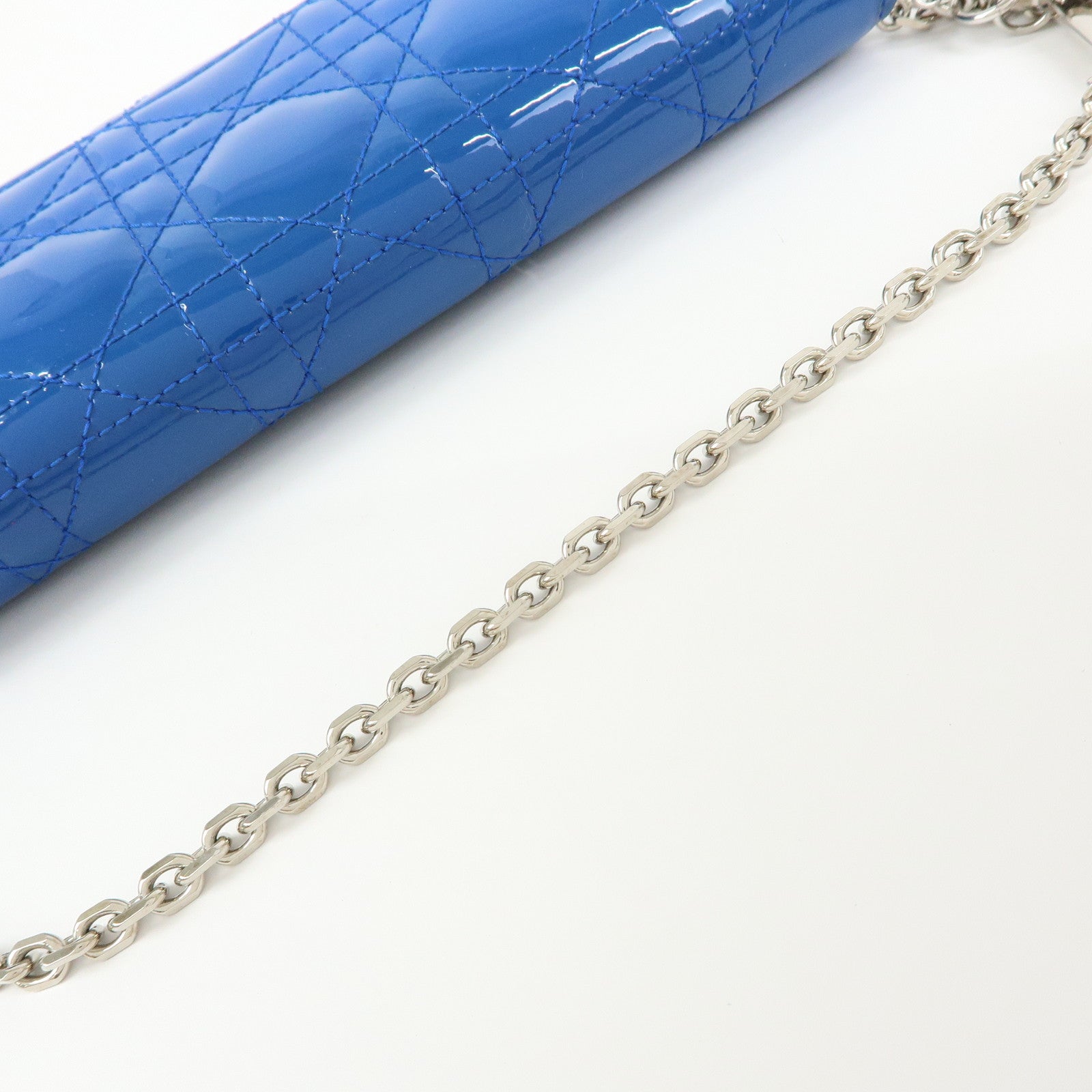 Christian Dior Cannage Patent Leather Chain Wallet WOC Blue Silver