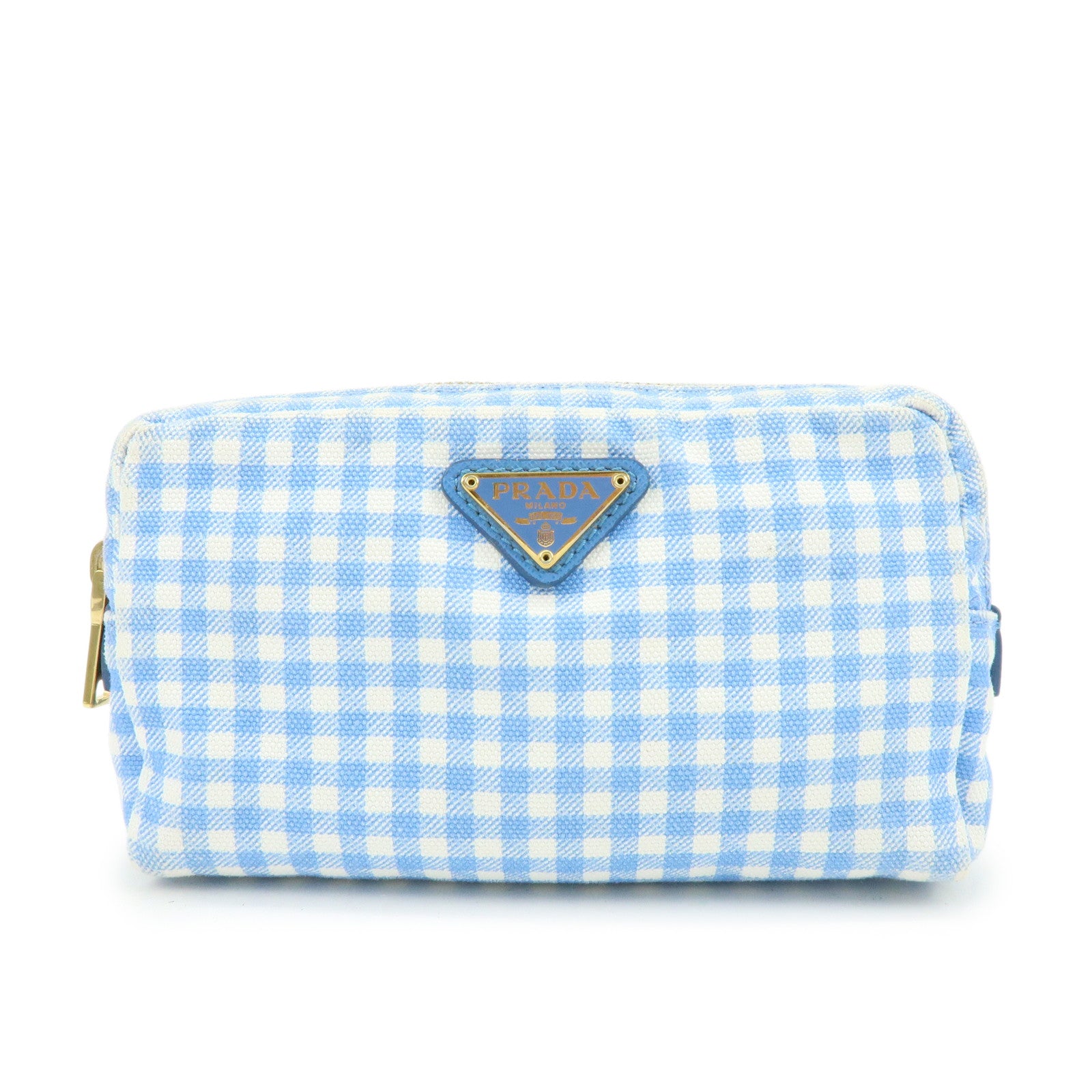PRADA Triangle Logo Canvas Gingham Pattern Pouch Blue 1NA021