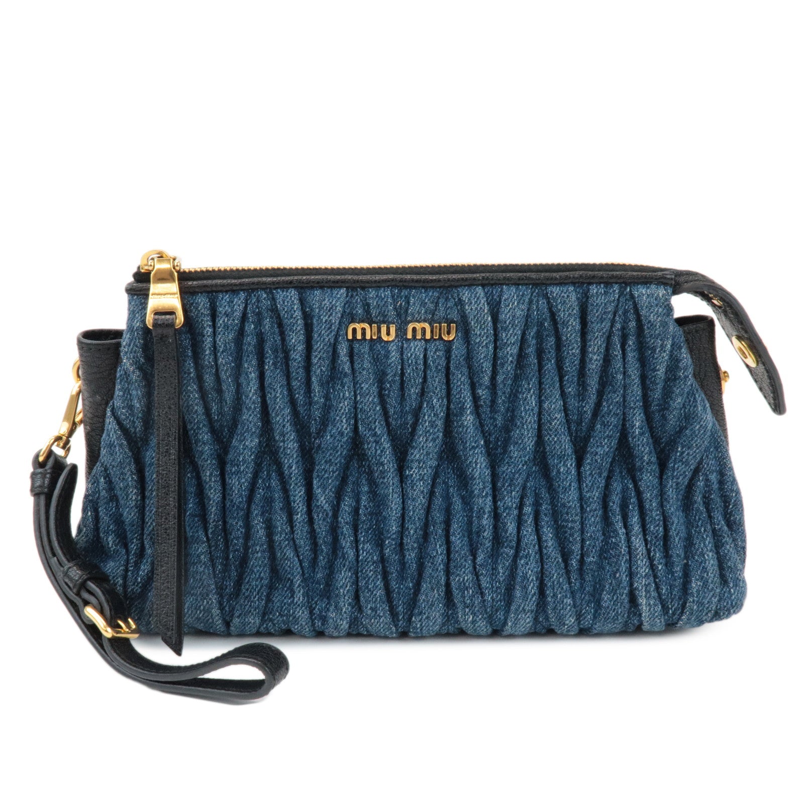 MIU MIU Matelasse Denim Leather Clutch Bag Wrist Bag Blue 5NE001
