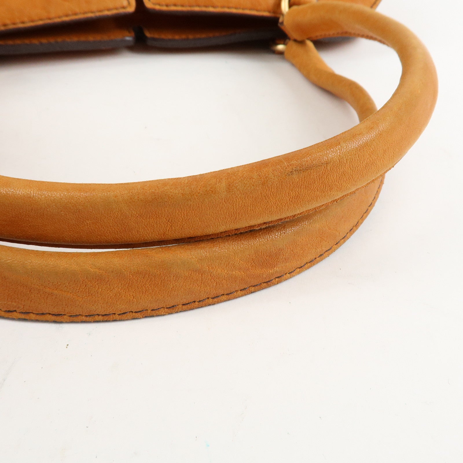 MIUMIU Logo Leather Shoulder Bag Boston Bag Hand Bag Gold HDW Brown Used