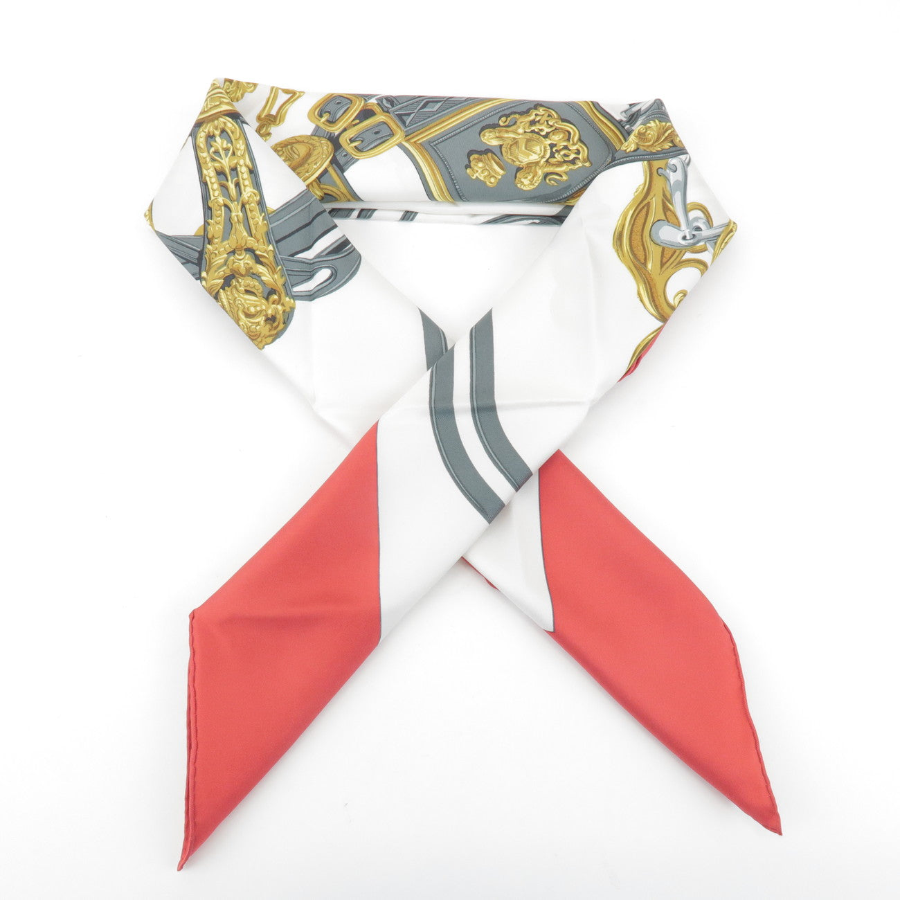 HERMES Carre 90 Silk 100% Scarf BRIDES DE GALA Gray Gold Red