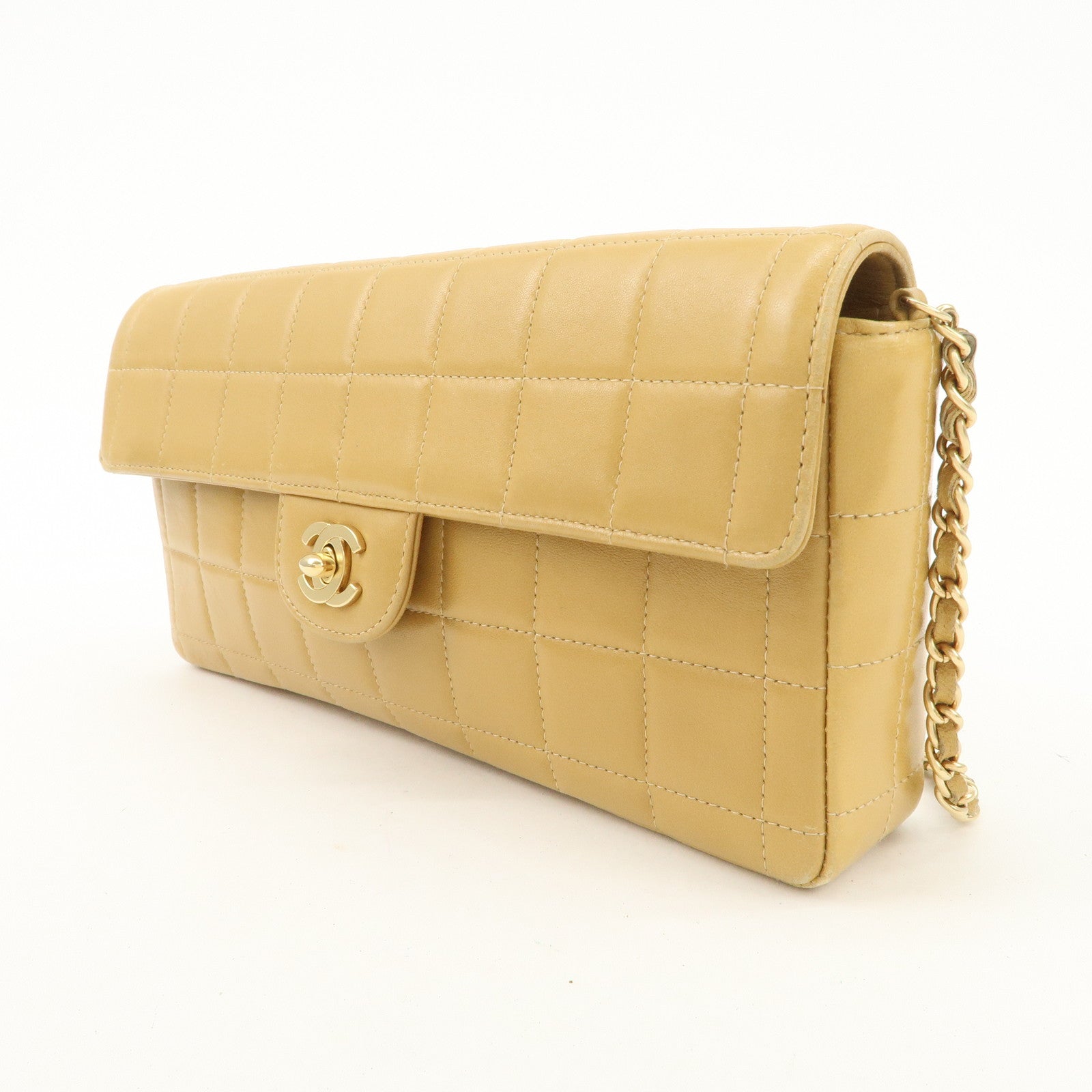 CHANEL Chocolate Bar Lamb Skin Chain Shoulder Bag Beige A15316 Used