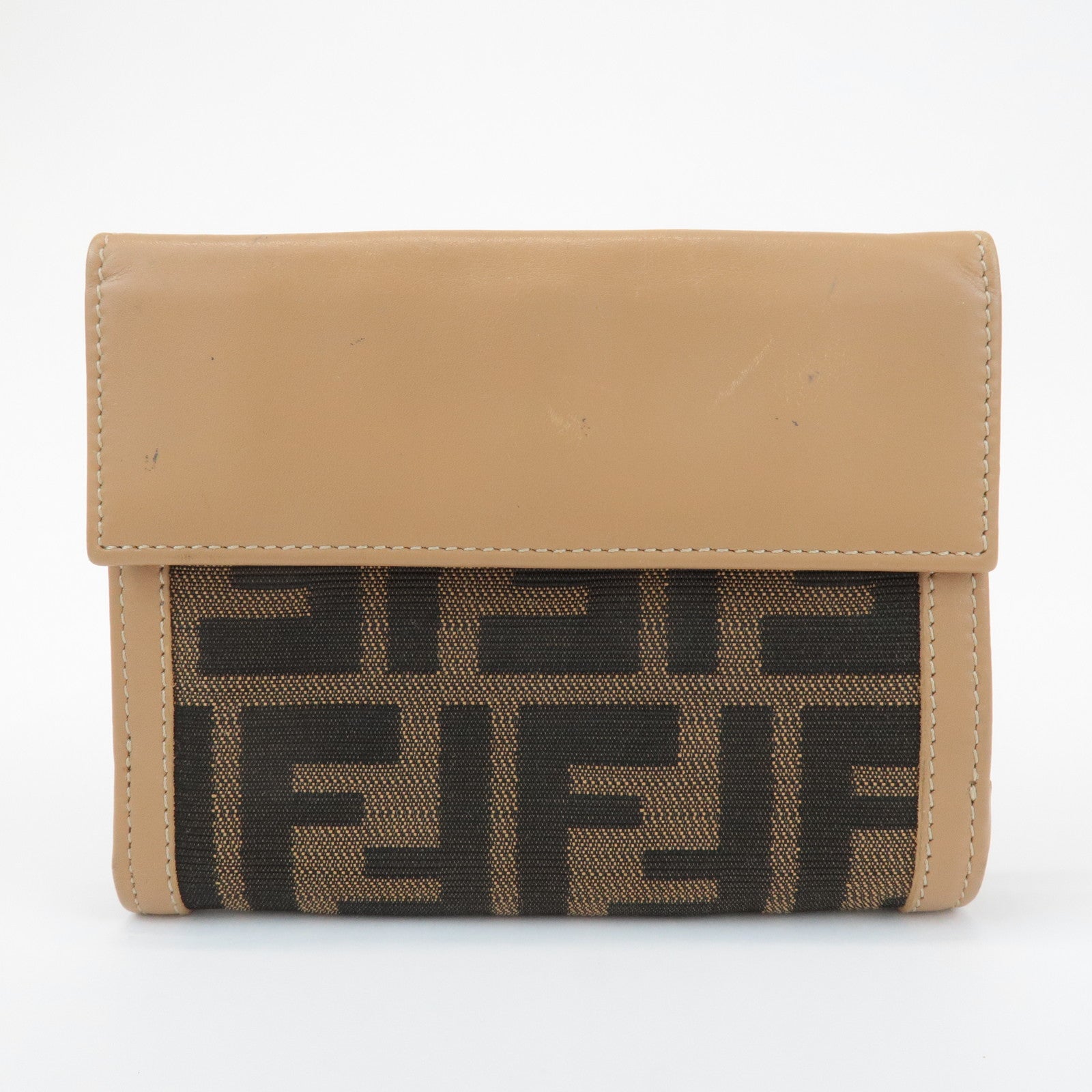 FENDI Zucca Leather Canvas Double Hook Bi Fold Wallet Beige 8M0035 Used