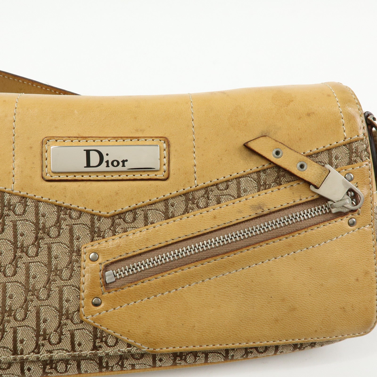 Christian Dior Trotter Canvas Leather Hand Bag Beige Brown