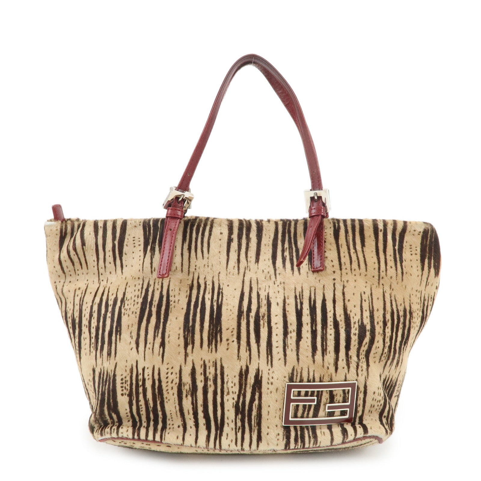 FENDI Calf Hair Leather Tote Bag Hand Bag Beige Red 26634