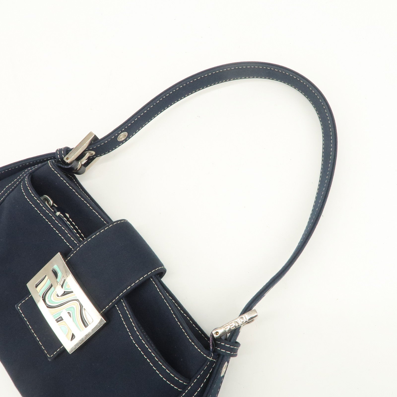 FENDI Logo Canvas Shoulder Bag Hand Bag Dark Navy