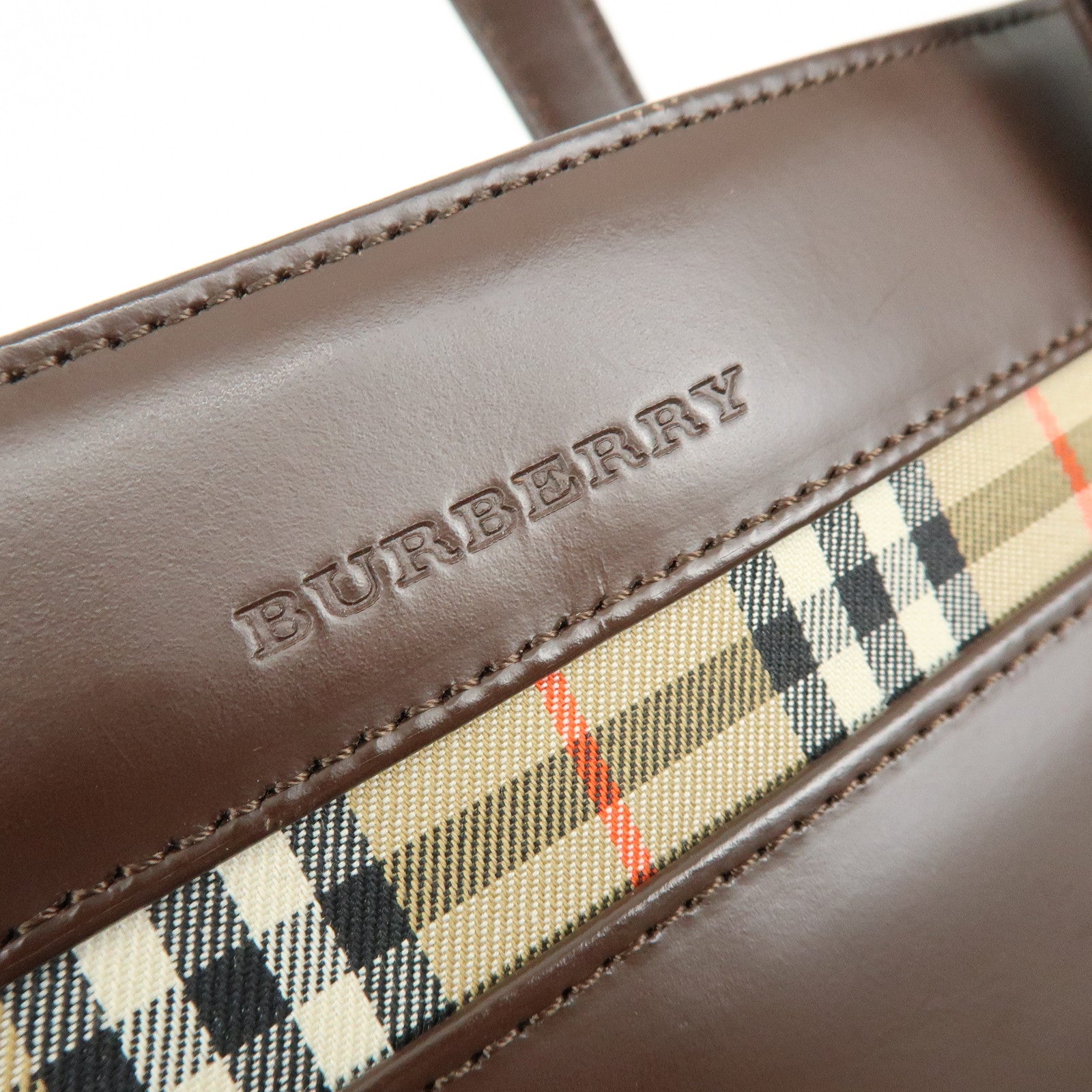 BURBERRY Nova Plaid Leather Hand Bag Tote Bag Brown