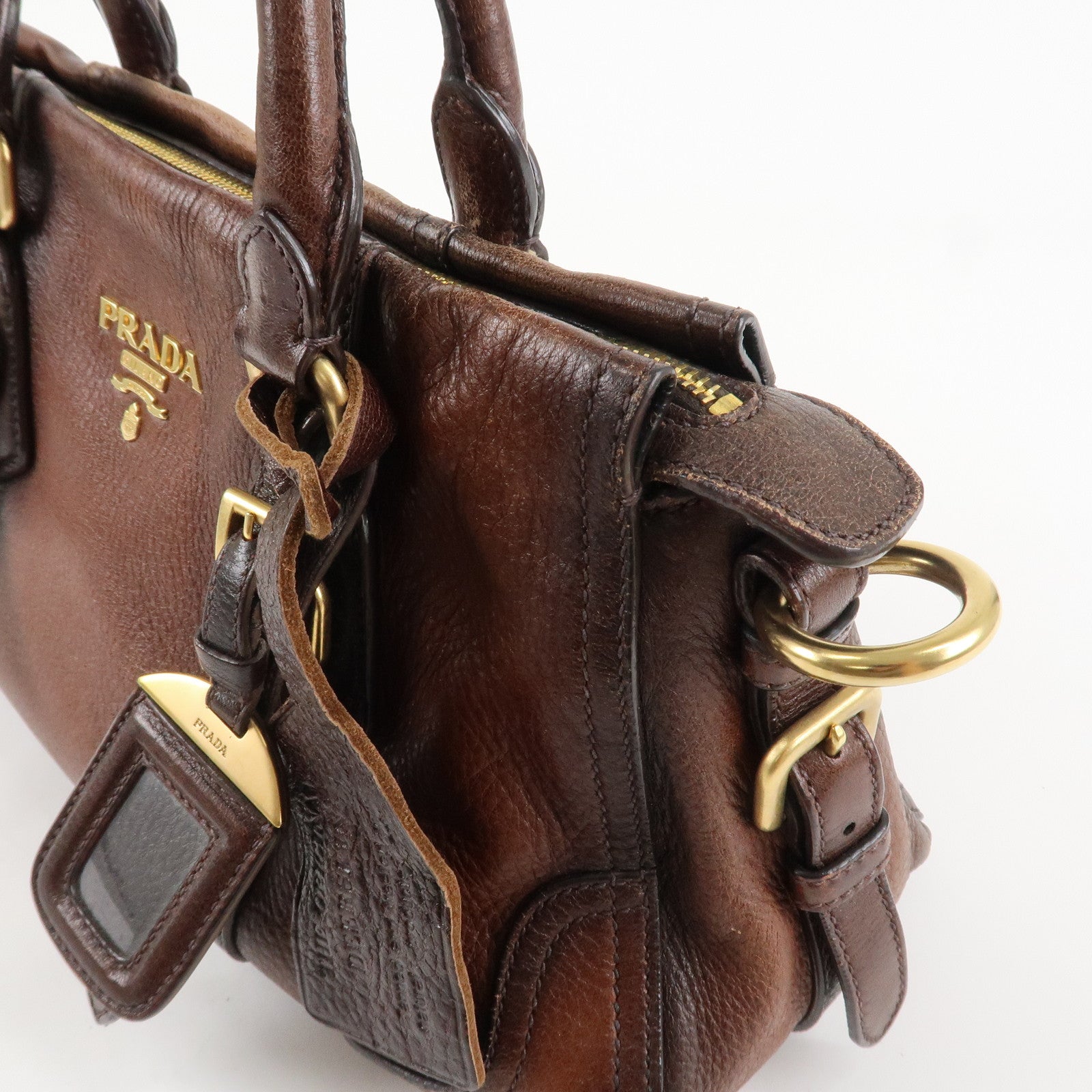 PRADA Logo Leather 2WAY Tote Bag Hand Bag Brown Gold Hardware Used