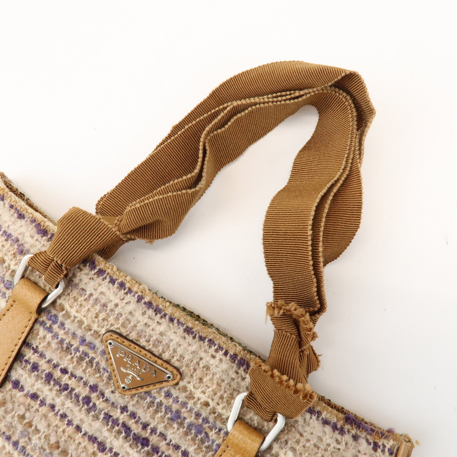 PRADA Triangle Logo Tweed Leather Hand Bag Light Brown Multicolor