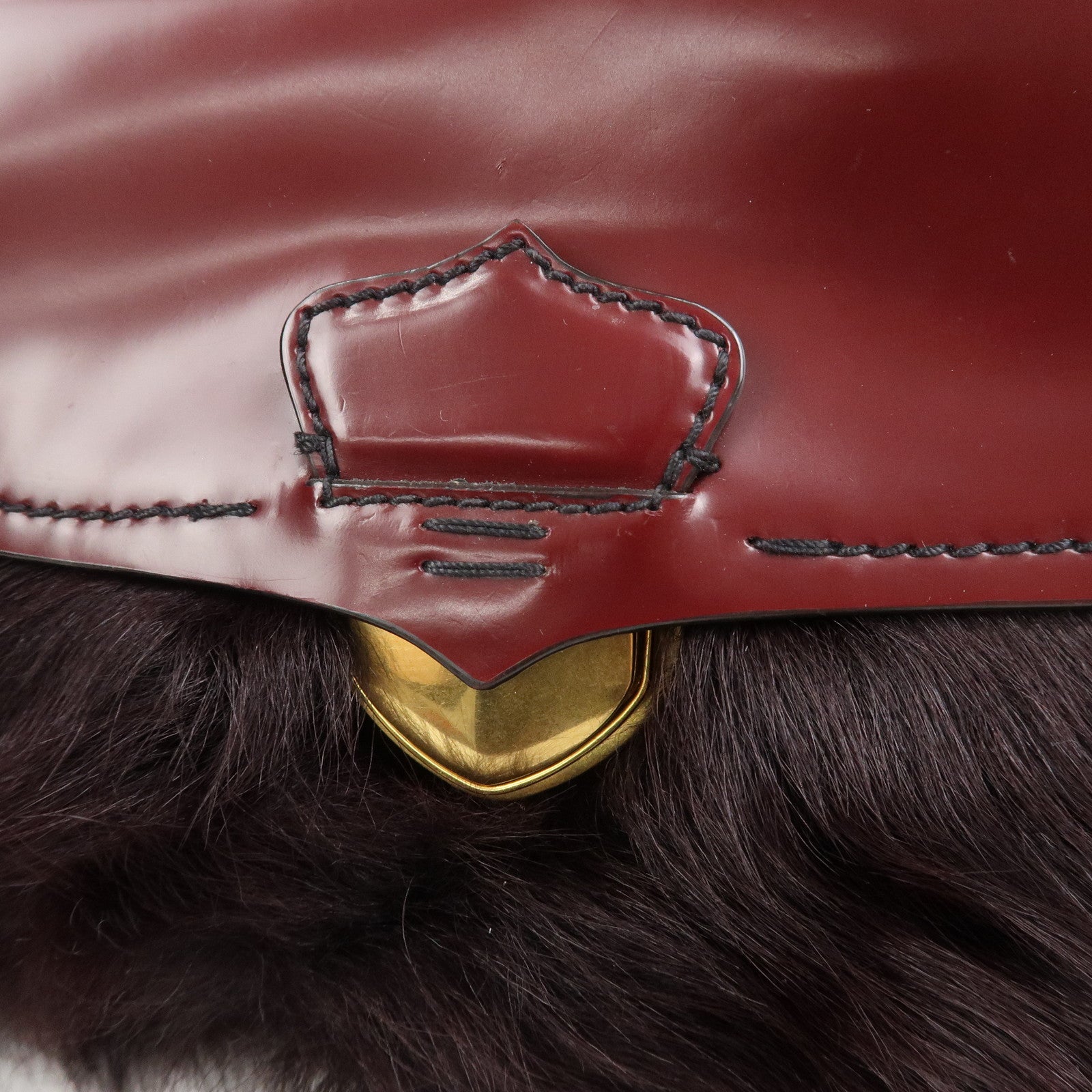 PRADA Leather Fur Chain Shoulder Bag Crossbody Bag Brown BP0368