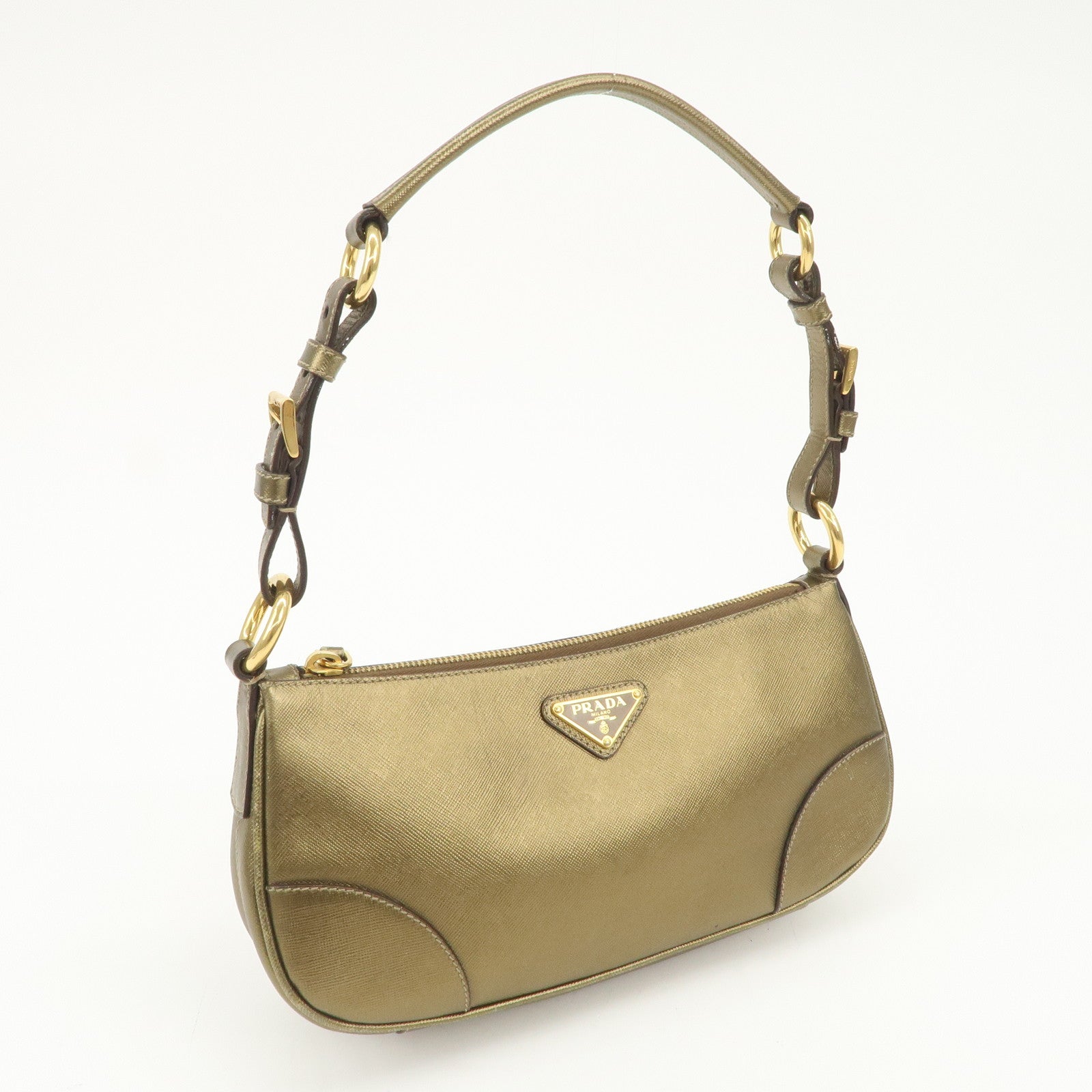 PRADA Triangle Logo Saffiano Leather Shoulder Bag Hand Bag Gold