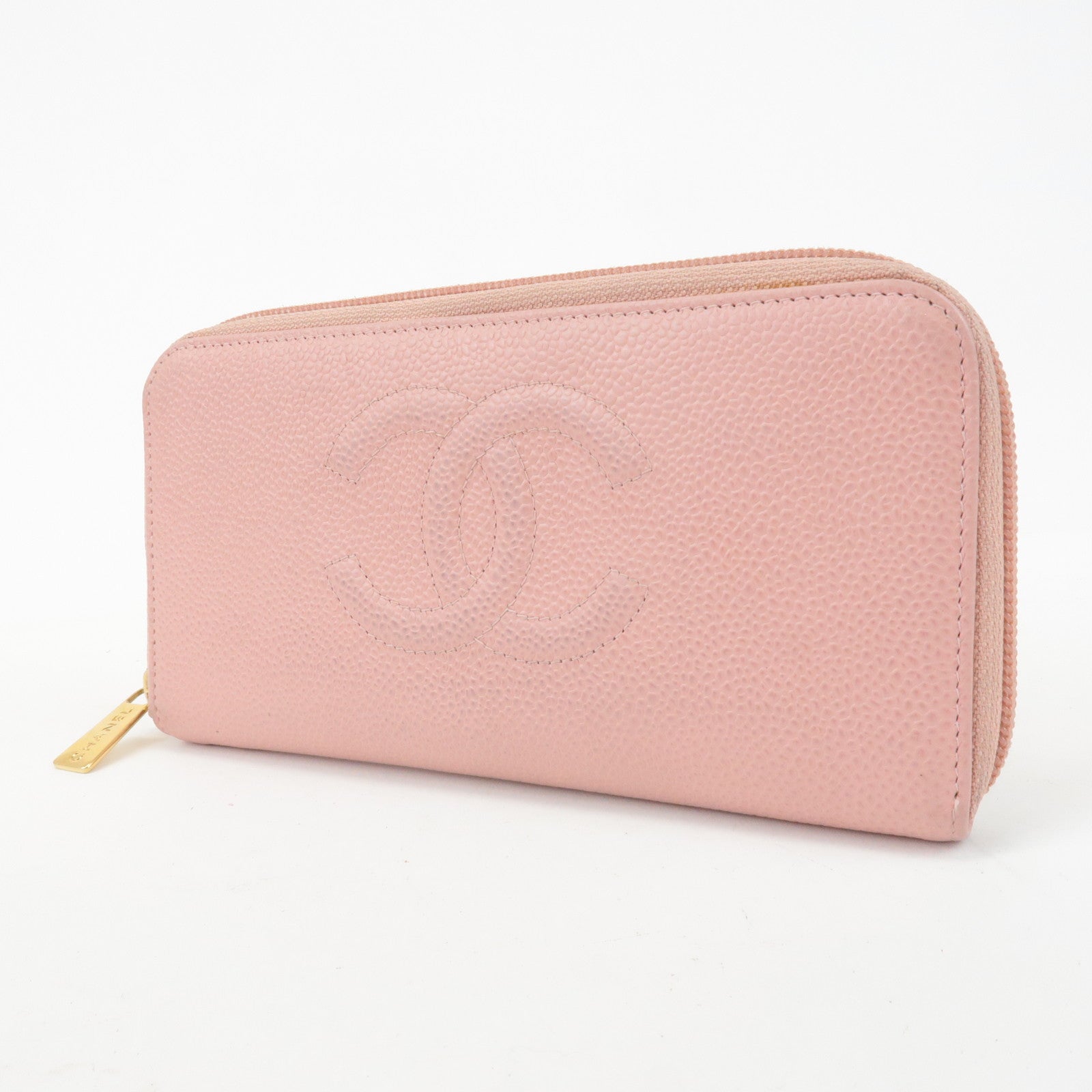 CHANEL COCO Mark Caviarskin Zip Around Long Wallet Pink A50071 Used