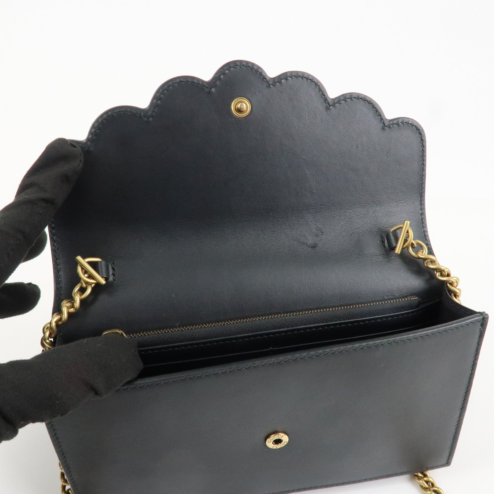 GUCCI GG Marmont Leather Chain Wallet Gold HDW Black 431478 Used