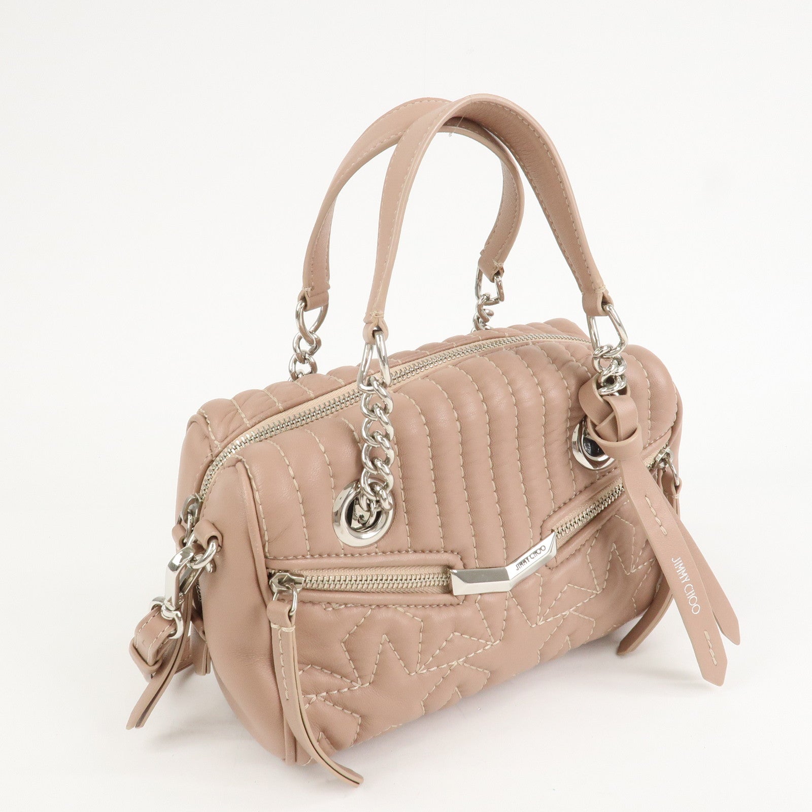 JIMMY CHOO Leather HELIA BOWLING S 2Way Hand Bag Pink Beige