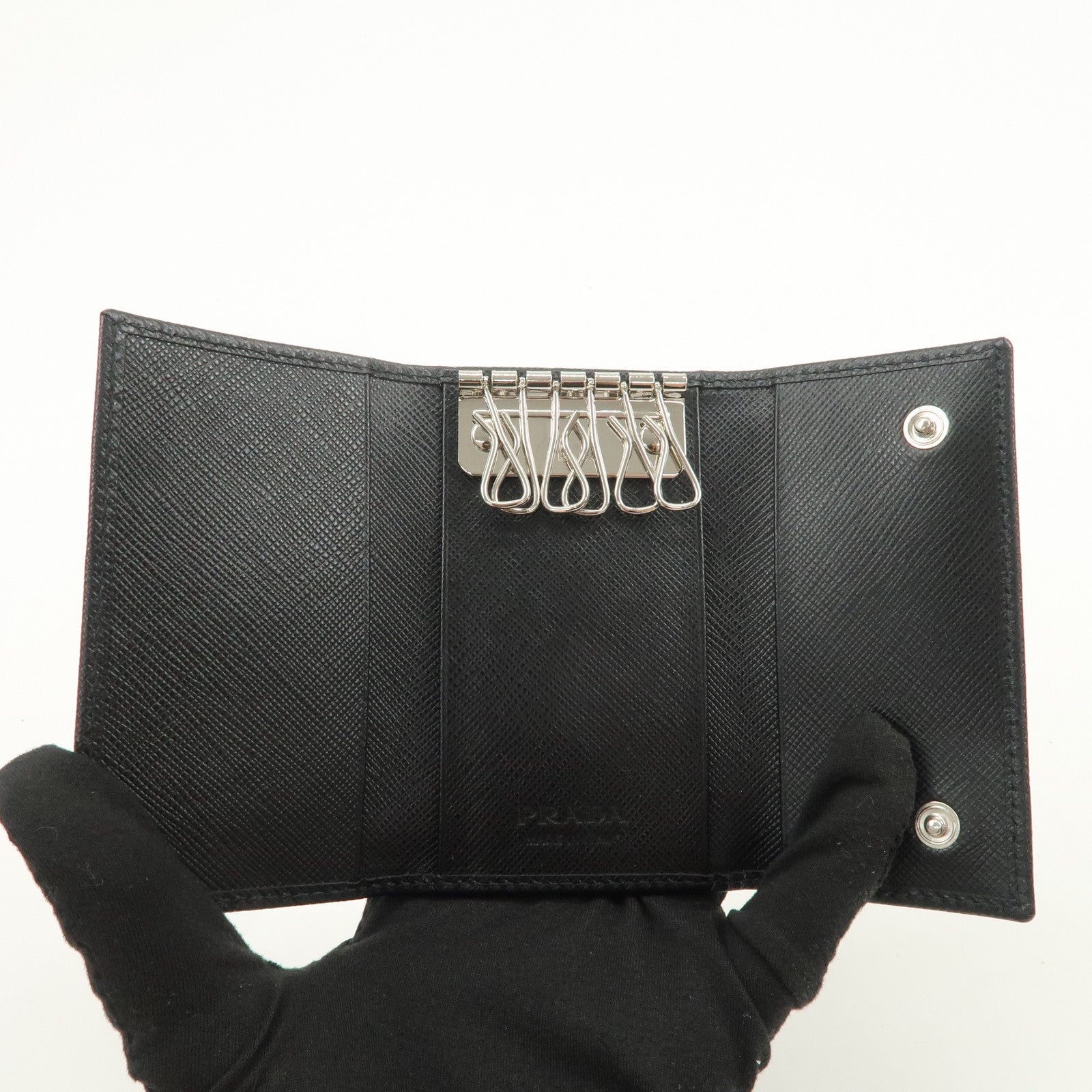 PRADA Triangle Logo Saffiano Leather 6 Rings Key Case Black 2PG222
